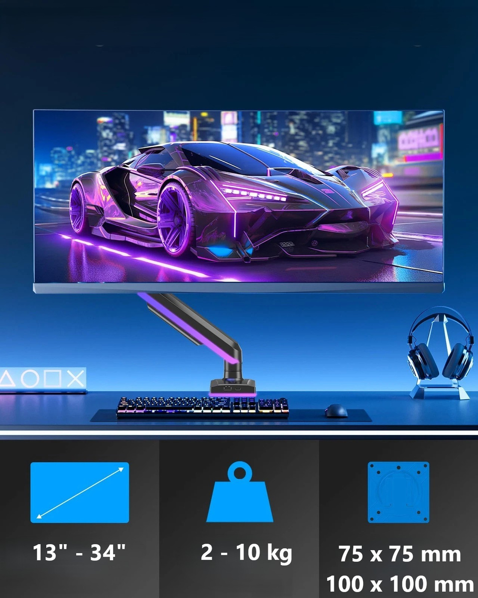 Monitor wyświetla futurystyczny fioletowy samochód sportowy w neonowym mieście.