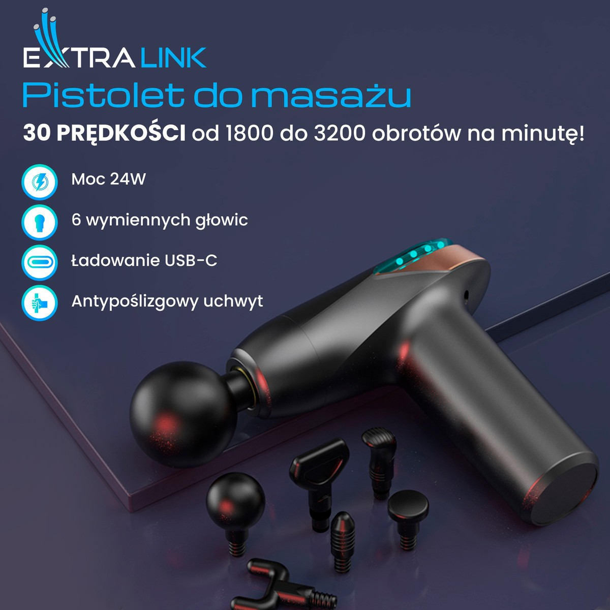 Czarny pistolet do masażu z wieloma końcówkami i ładowaniem USB-C.