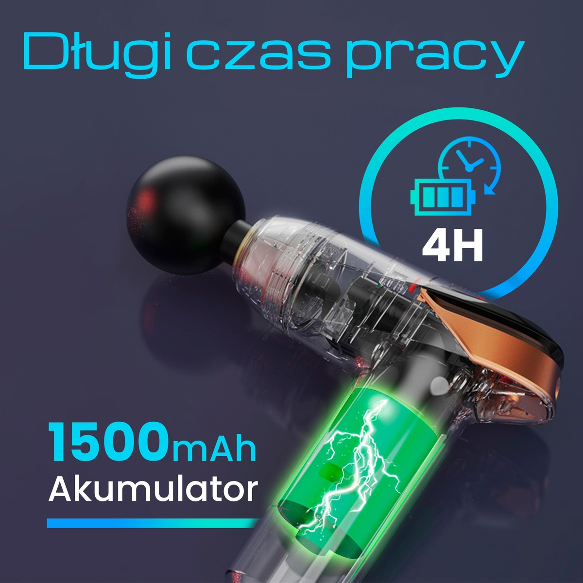 Masażer z baterią 1500mAh i czasem pracy 4h, przezroczysta obudowa.