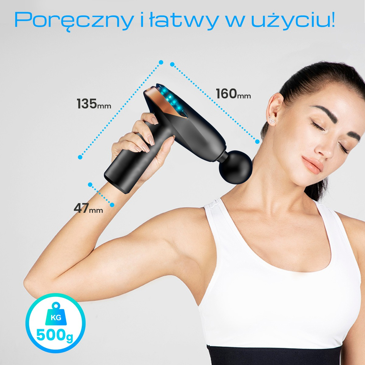 Kobieta używa czarnego pistoletu do masażu na szyi. Podano wymiary.