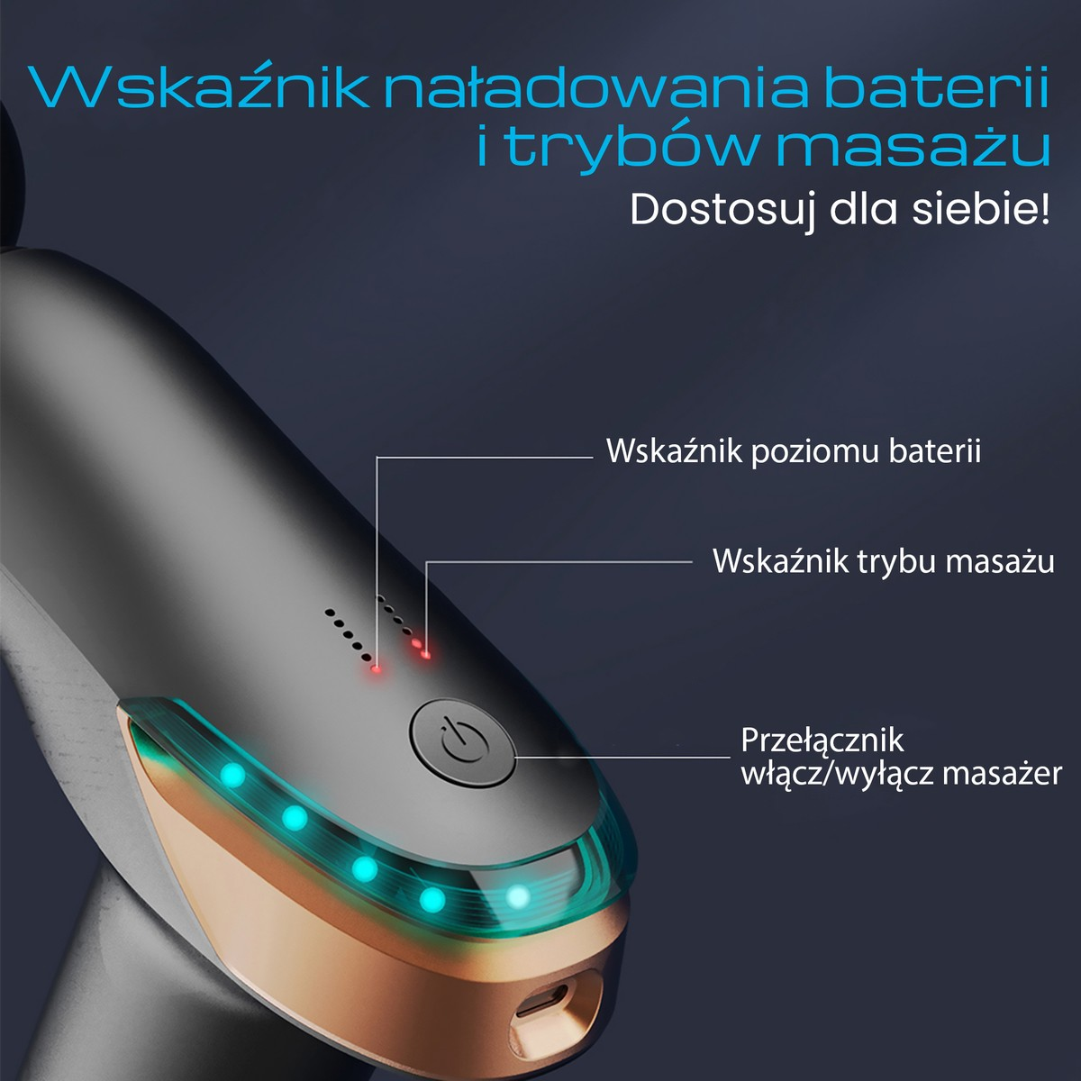 Masażer ze wskaźnikami baterii i trybu oraz przełącznikiem zasilania.