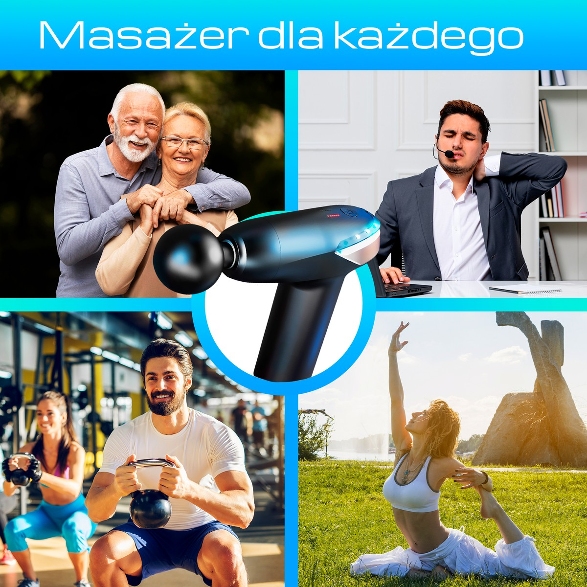 Kolaż pokazuje pistolet do masażu, szczęśliwą starszą parę, mężczyznę z bólem szyi i ćwiczących ludzi.
