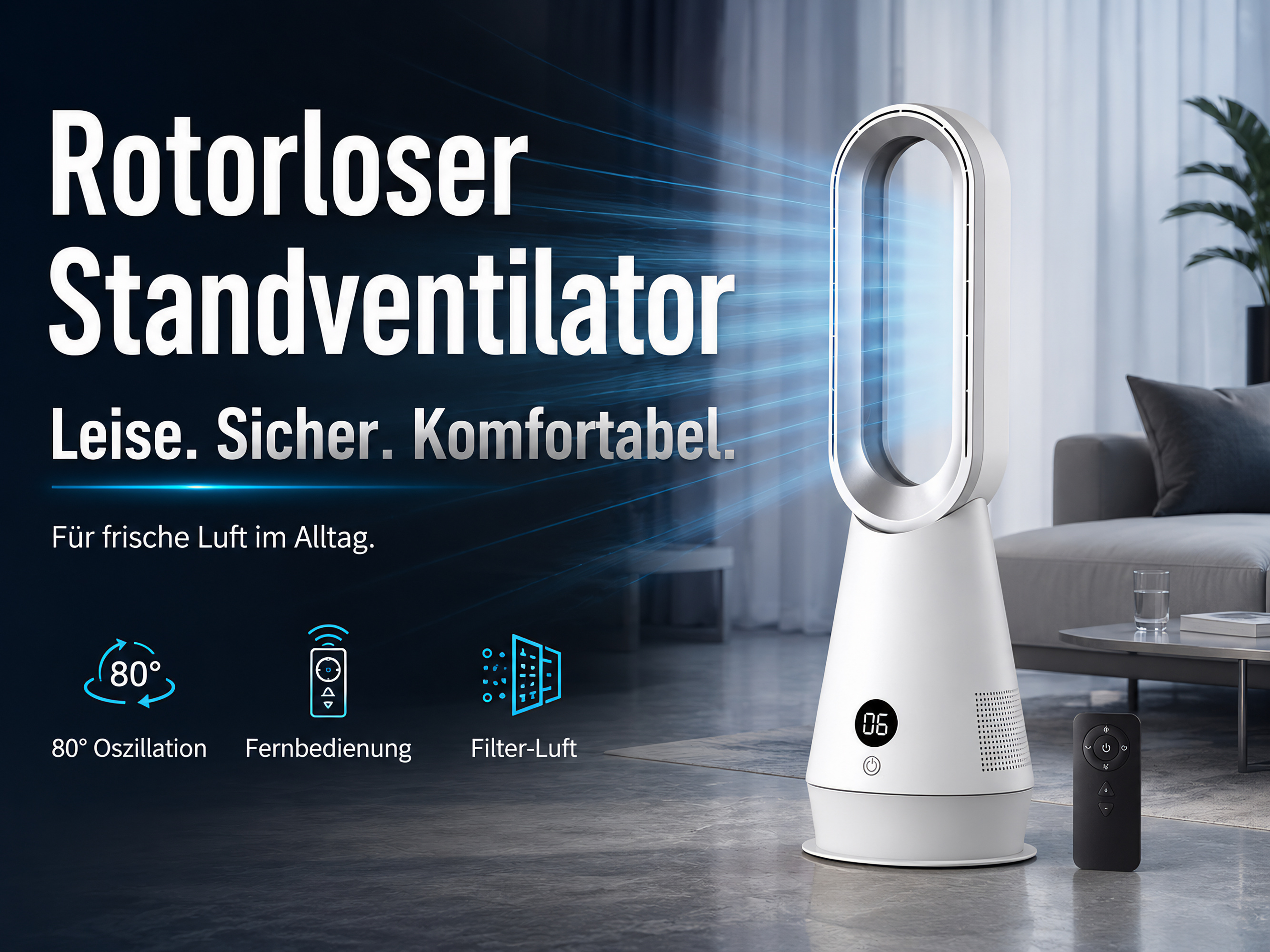 Ein weißer Turmventilator steht in einem Wohnzimmer neben einem Sofa.