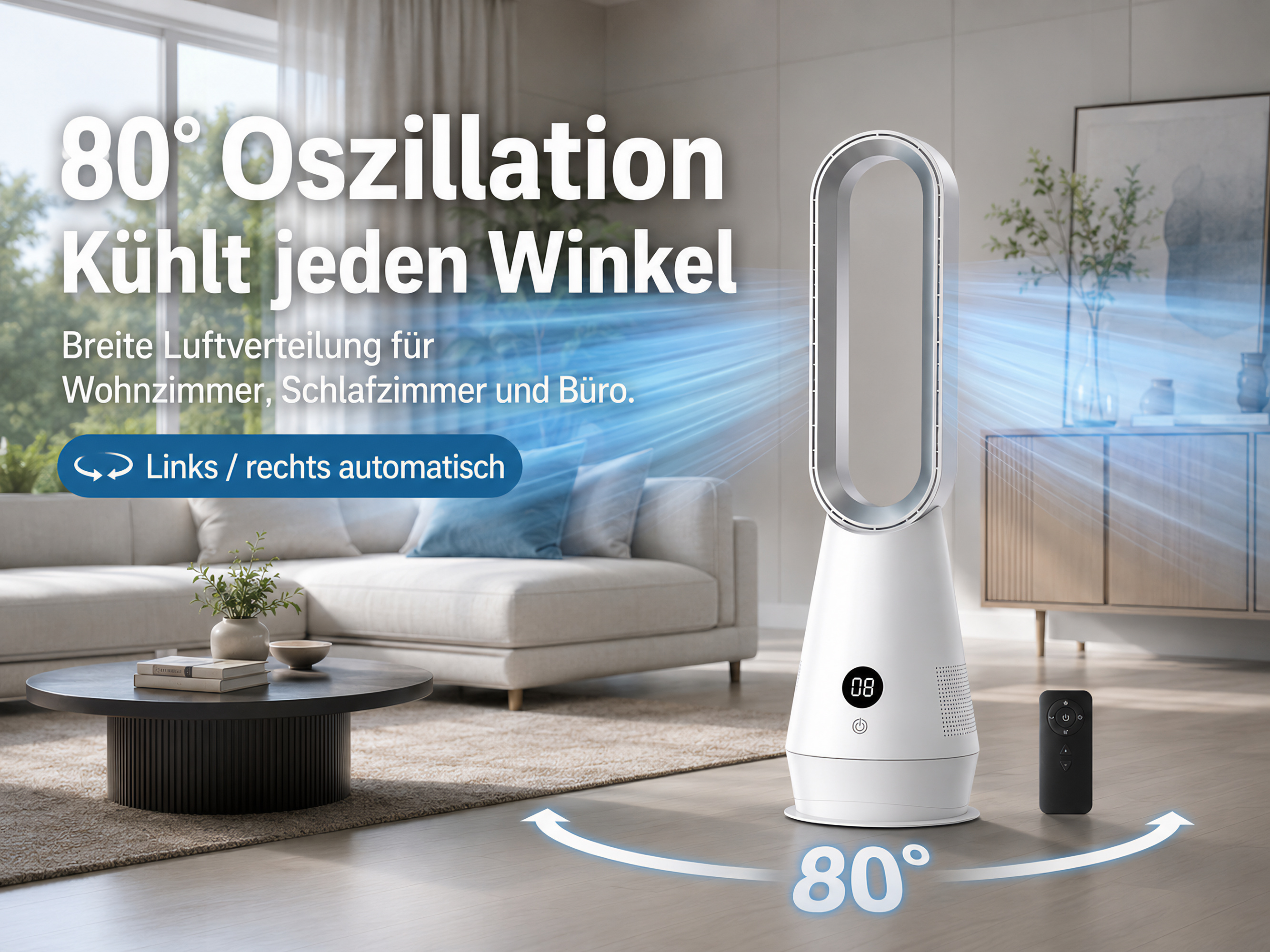 Ein weißer Turmventilator mit 80° Oszillation kühlt einen Wohnraum.