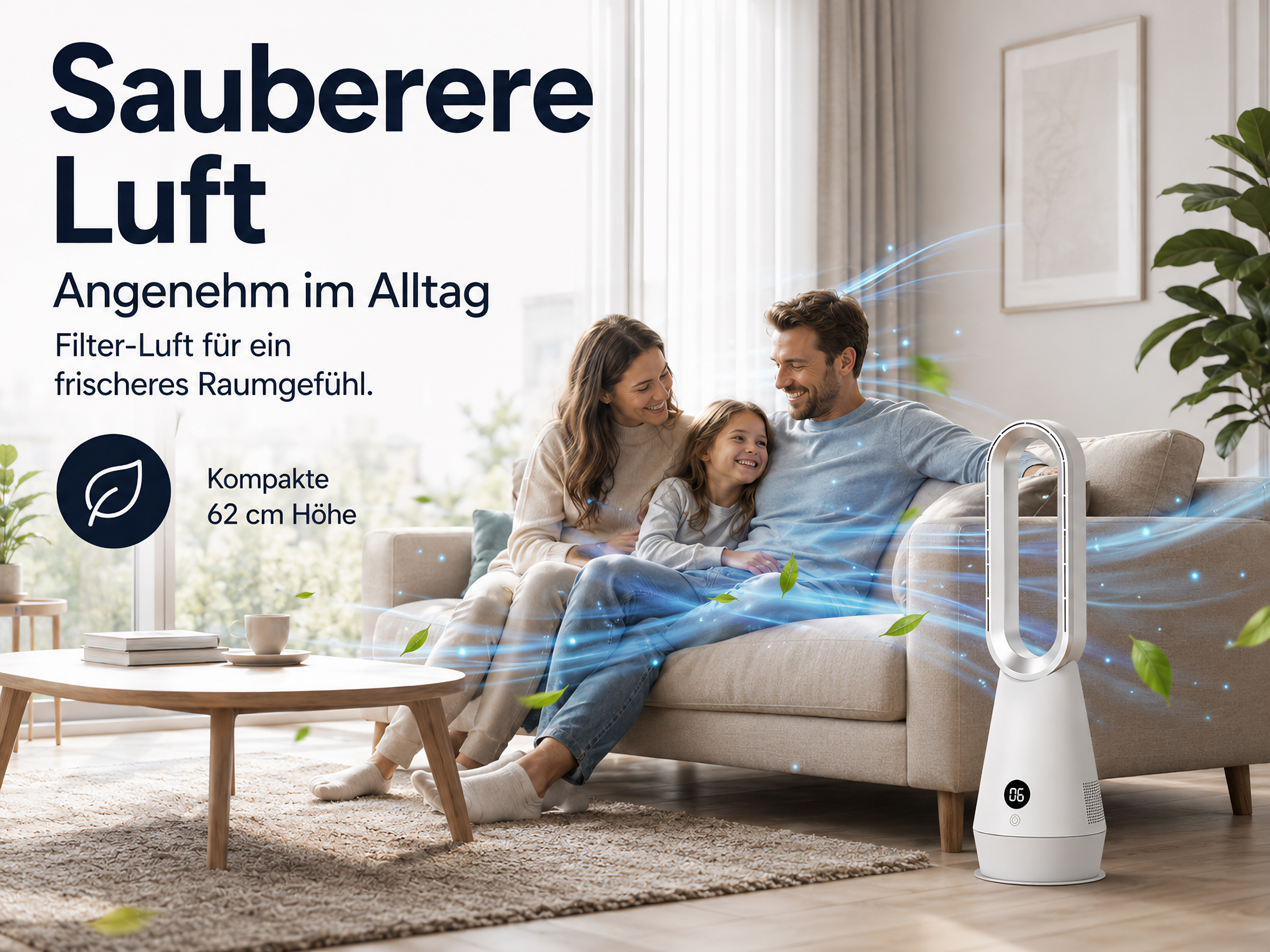 Familie auf Sofa mit Luftreiniger. Blauer Luftstrom, Blätter, helles Wohnzimmer.