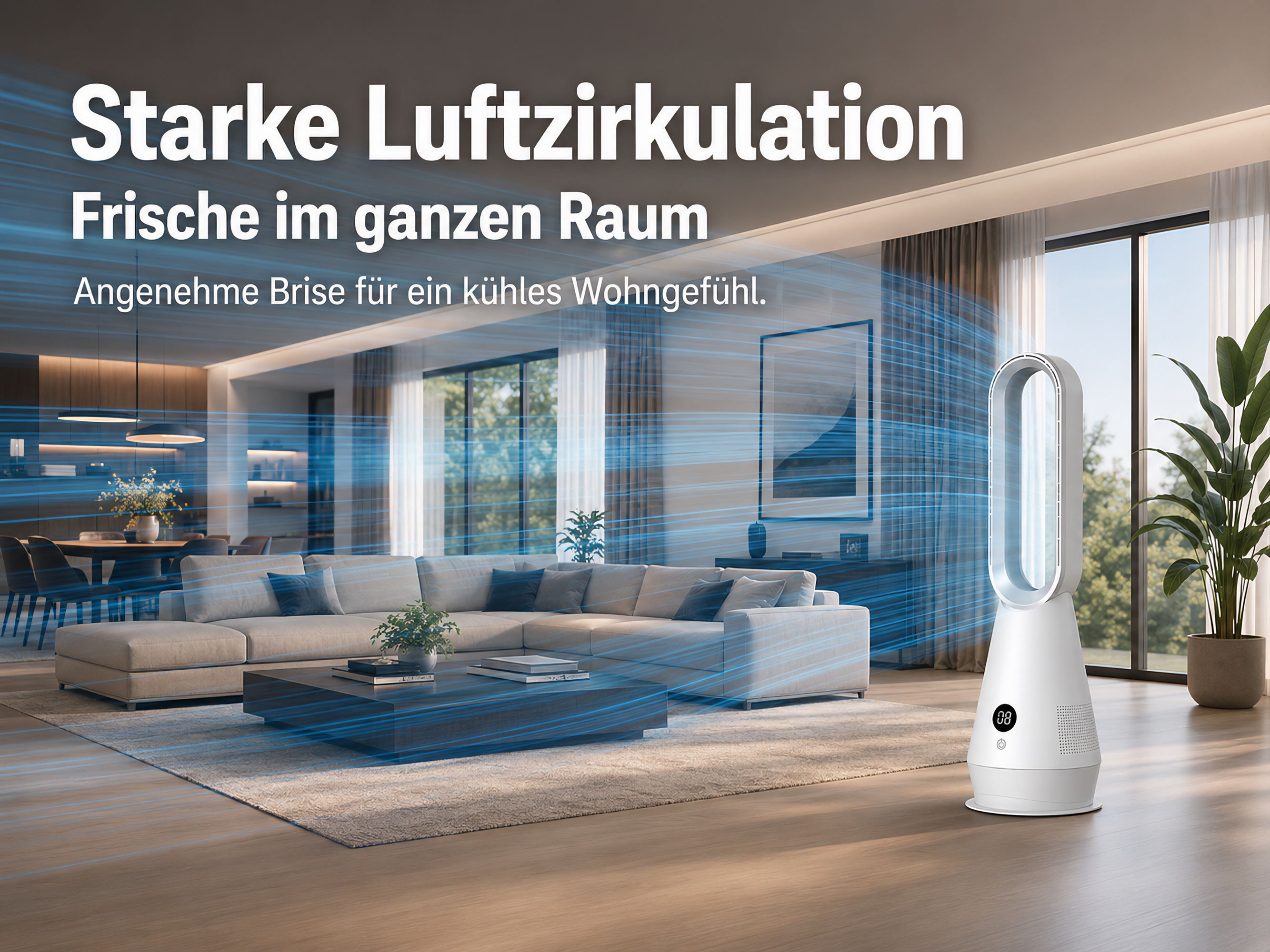 Ein weißer Turmventilator zirkuliert Luft in einem modernen Wohnzimmer mit Sofa.
