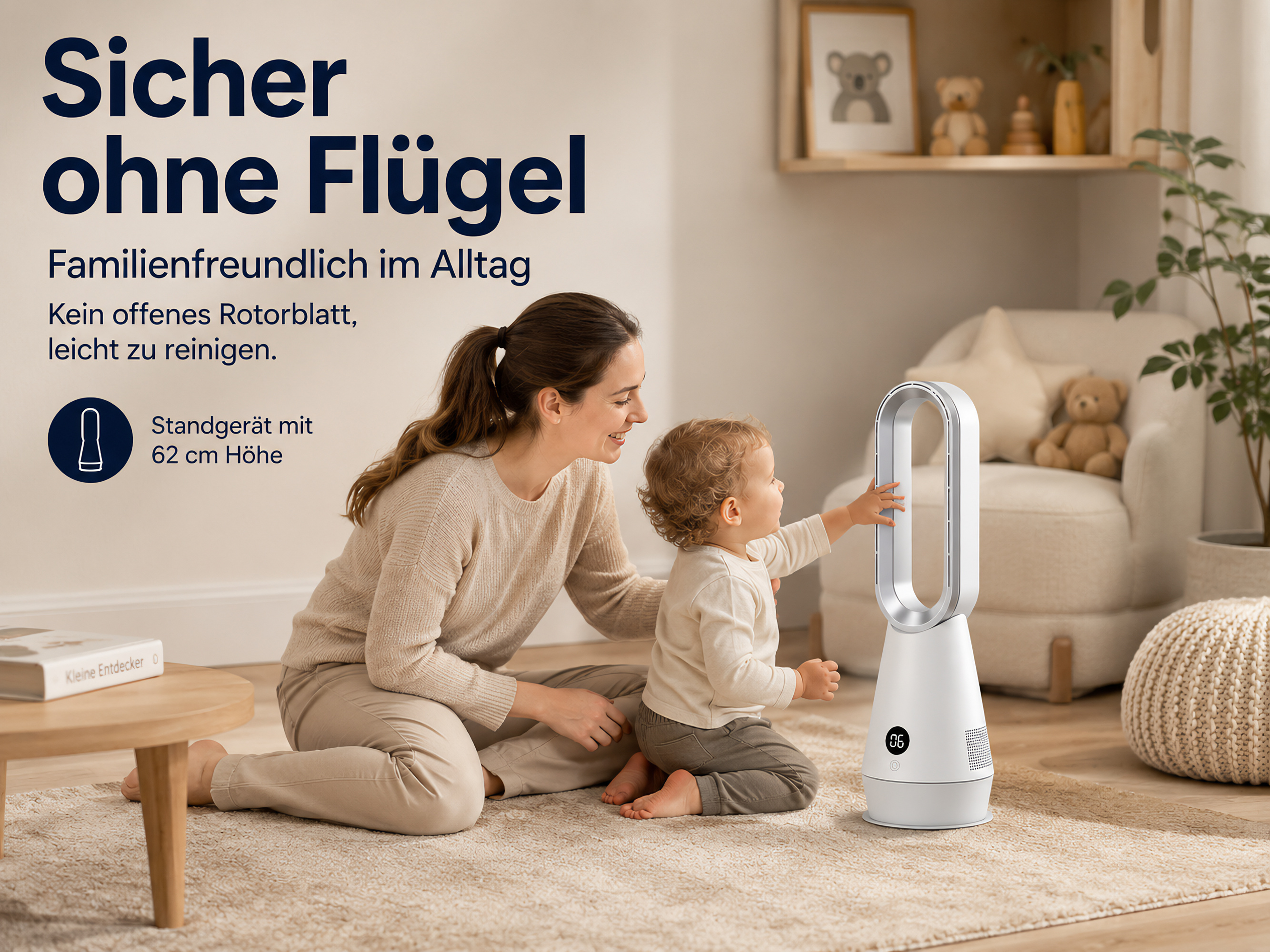 Eine Frau und ein Kleinkind sitzen auf dem Boden vor einem Ventilator.