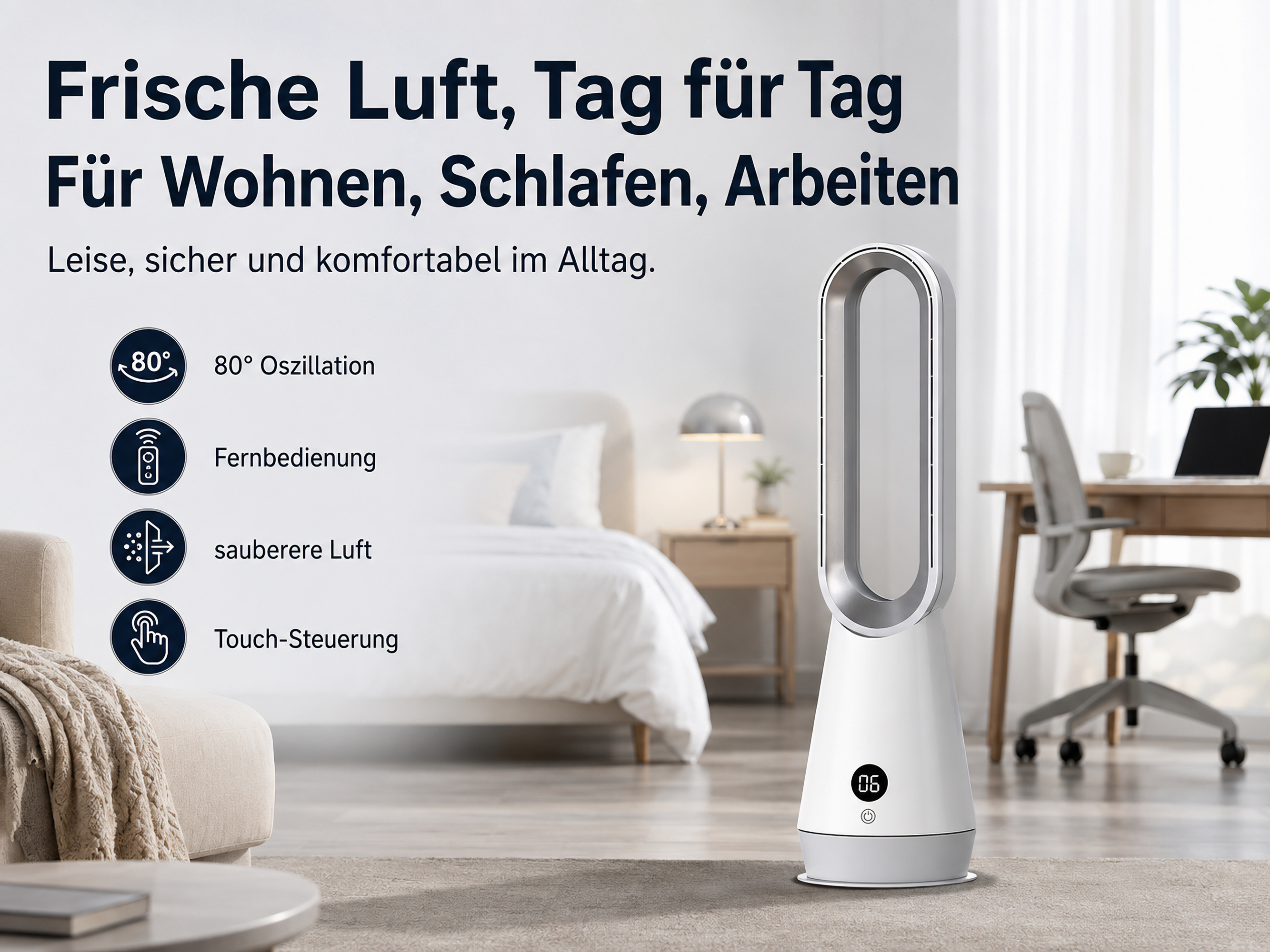 Ein moderner Ventilator steht neben einem Bett und einem Schreibtisch.