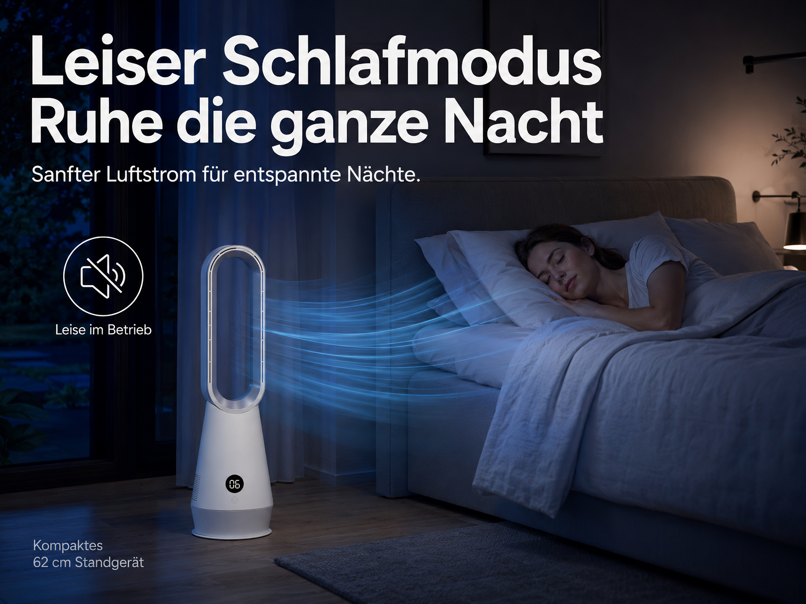 Ein weißer Turmventilator erzeugt blauen Luftstrom für eine schlafende Frau im Bett.