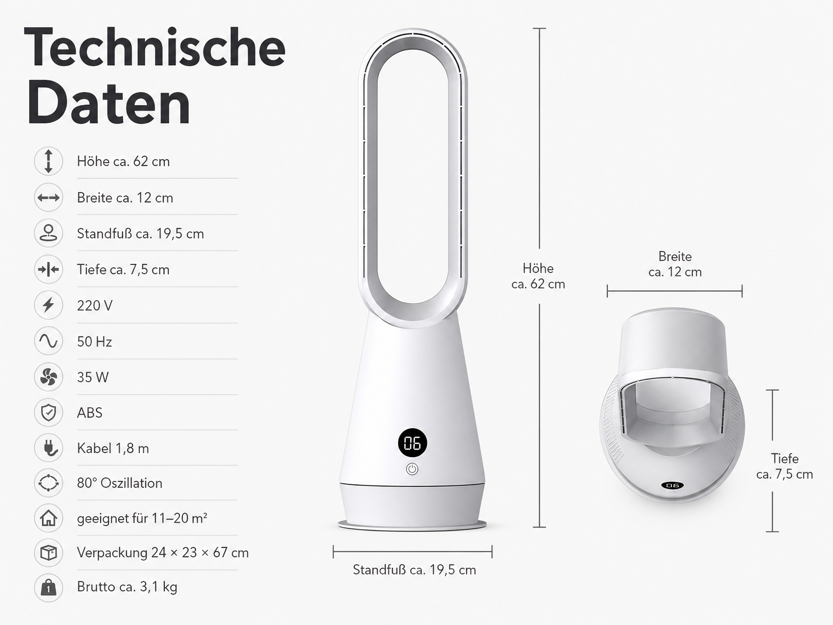 Technische Daten eines weißen Ventilators: Höhe 62cm, Breite 12cm, Tiefe 7.5cm. 220V, 50Hz, 35W.