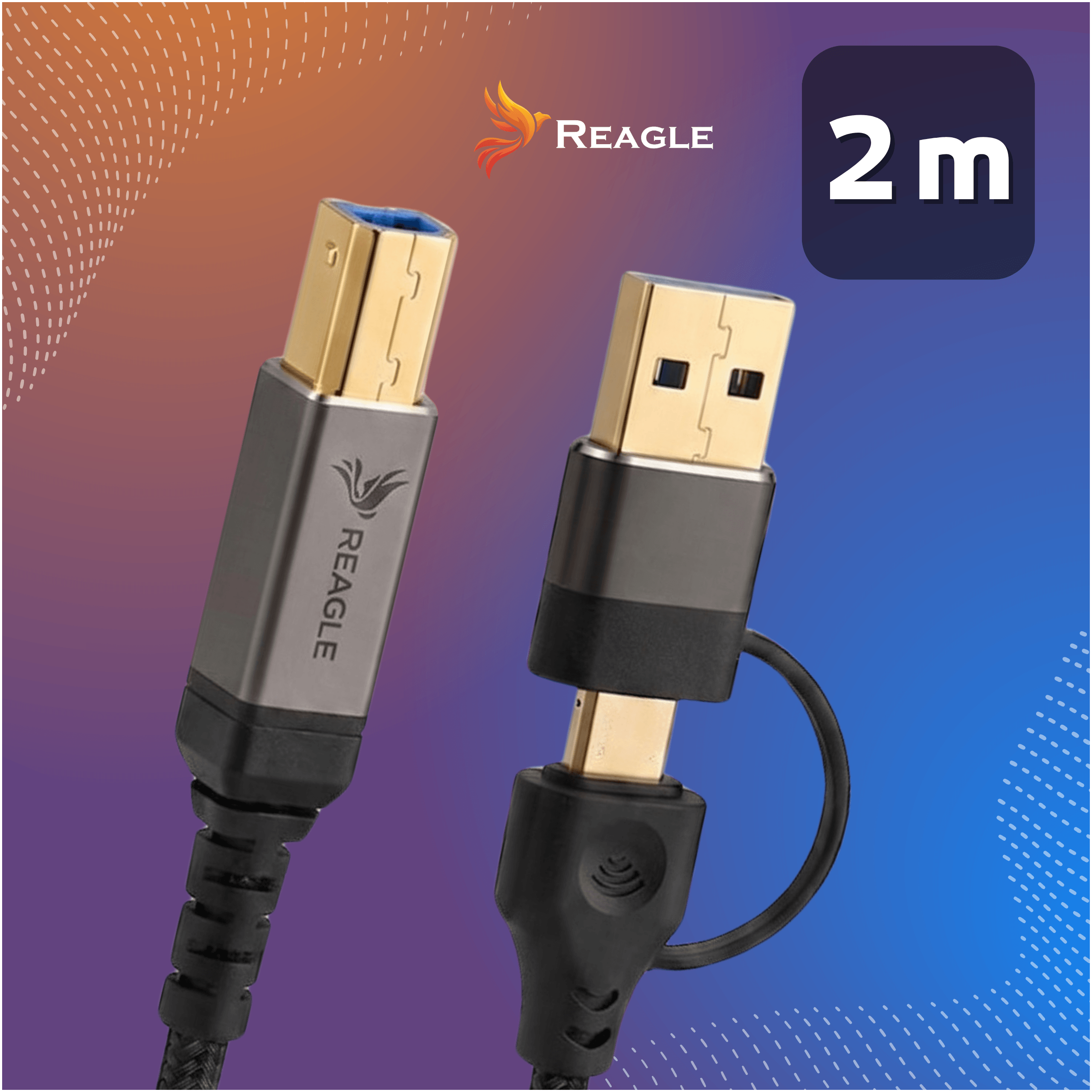 Dwa kable USB ze złotymi złączami, jeden z logo Reagle.
