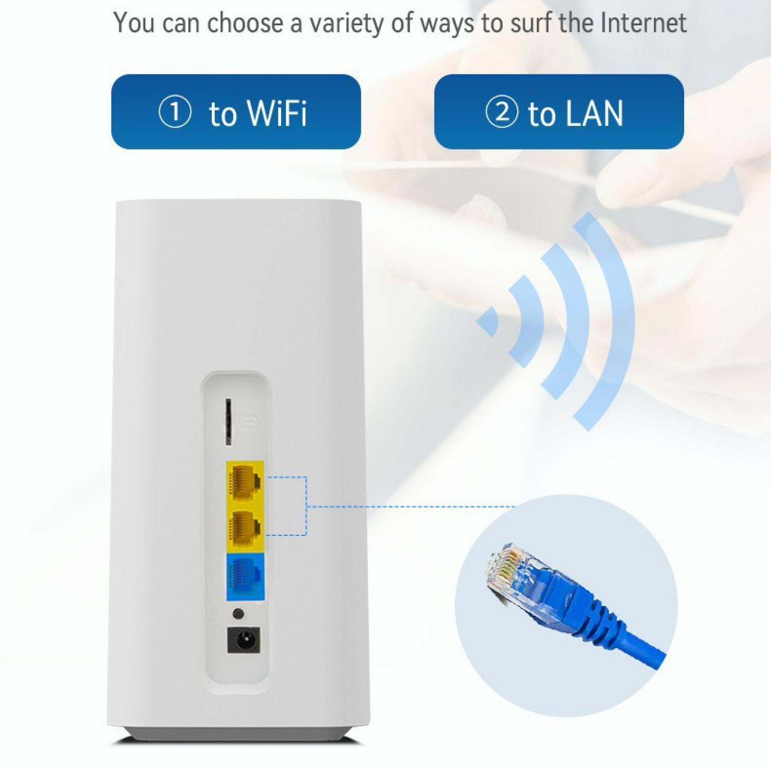 Ein weißer Router mit Anschlüssen und einem LAN-Kabel. Optionen für WLAN und LAN.