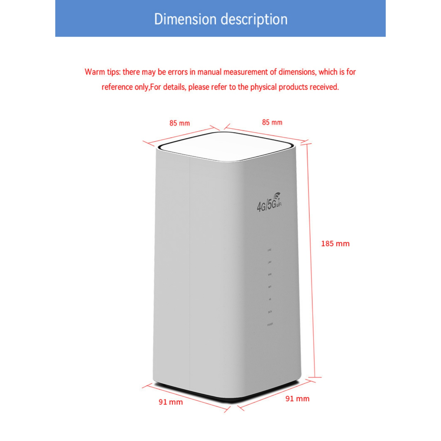 Ein wei00er 4G/5G-Router mit Ma00en 91x91x185mm.