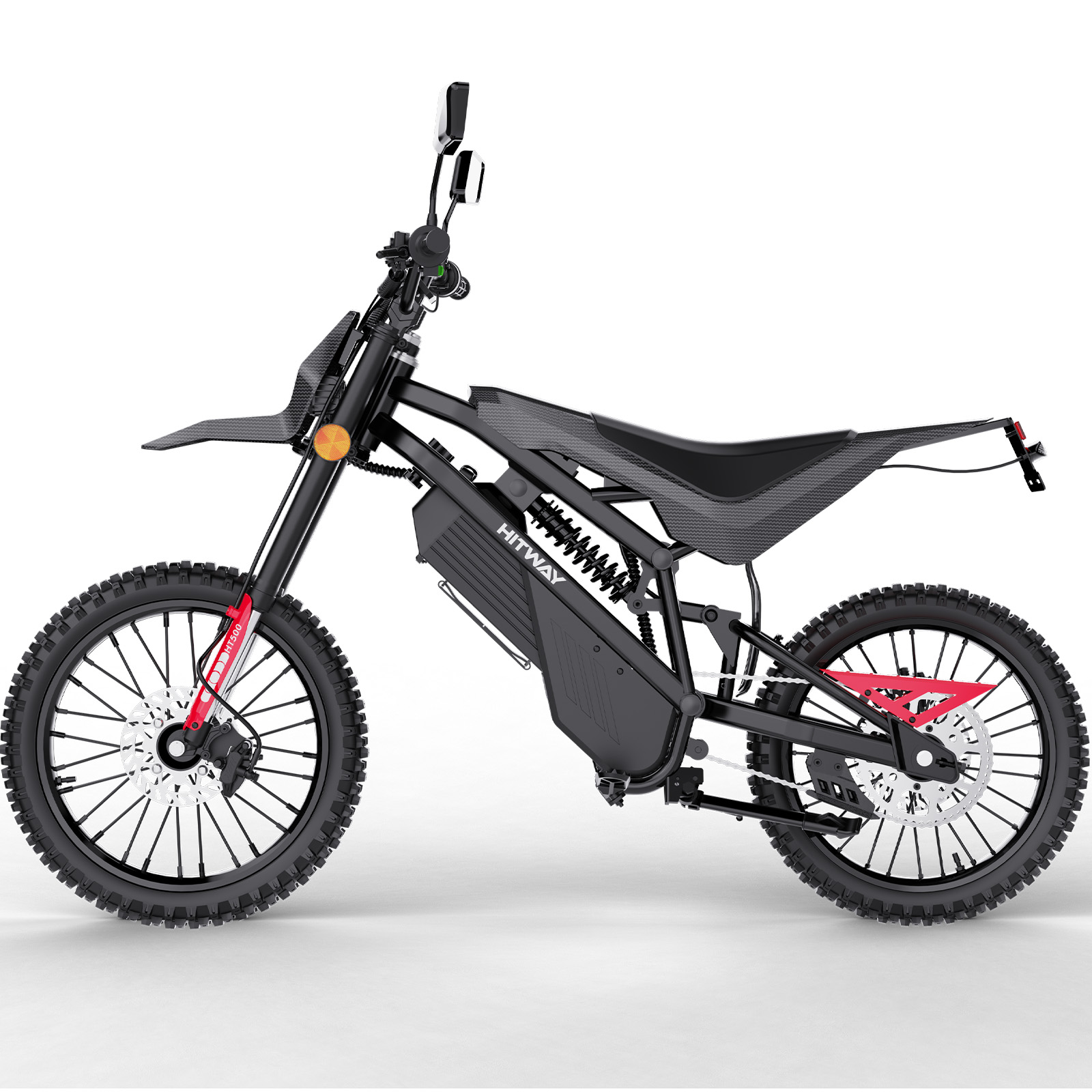 Ein schwarzes E-Dirtbike mit roten Akzenten auf weißem Hintergrund.