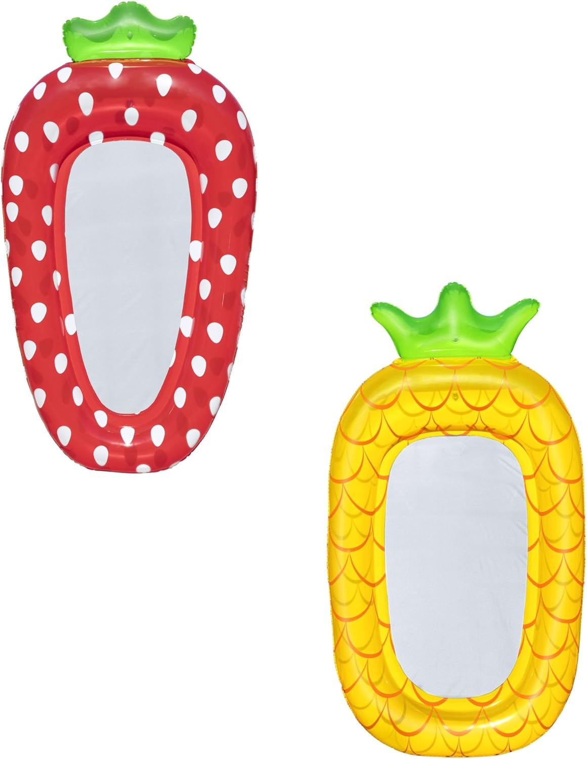 Zwei aufblasbare Schwimmtiere: eine Erdbeere mit weißen Punkten und eine Ananas.