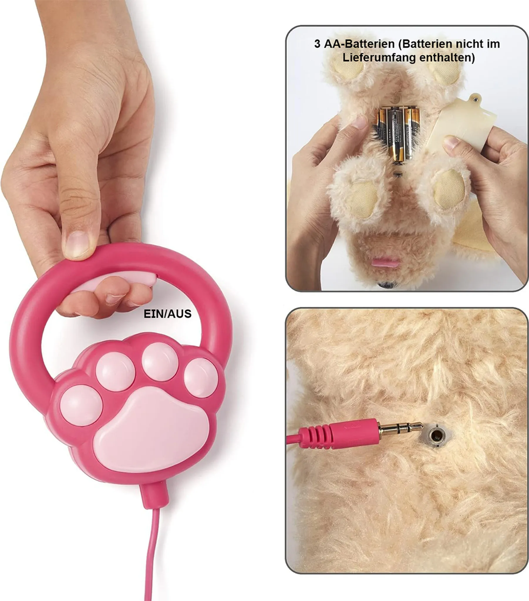 Ein pelziger Bär wird mit 3 AA-Batterien betrieben. Ein pinker Griff mit Tatzenmotiv ist angeschlossen.