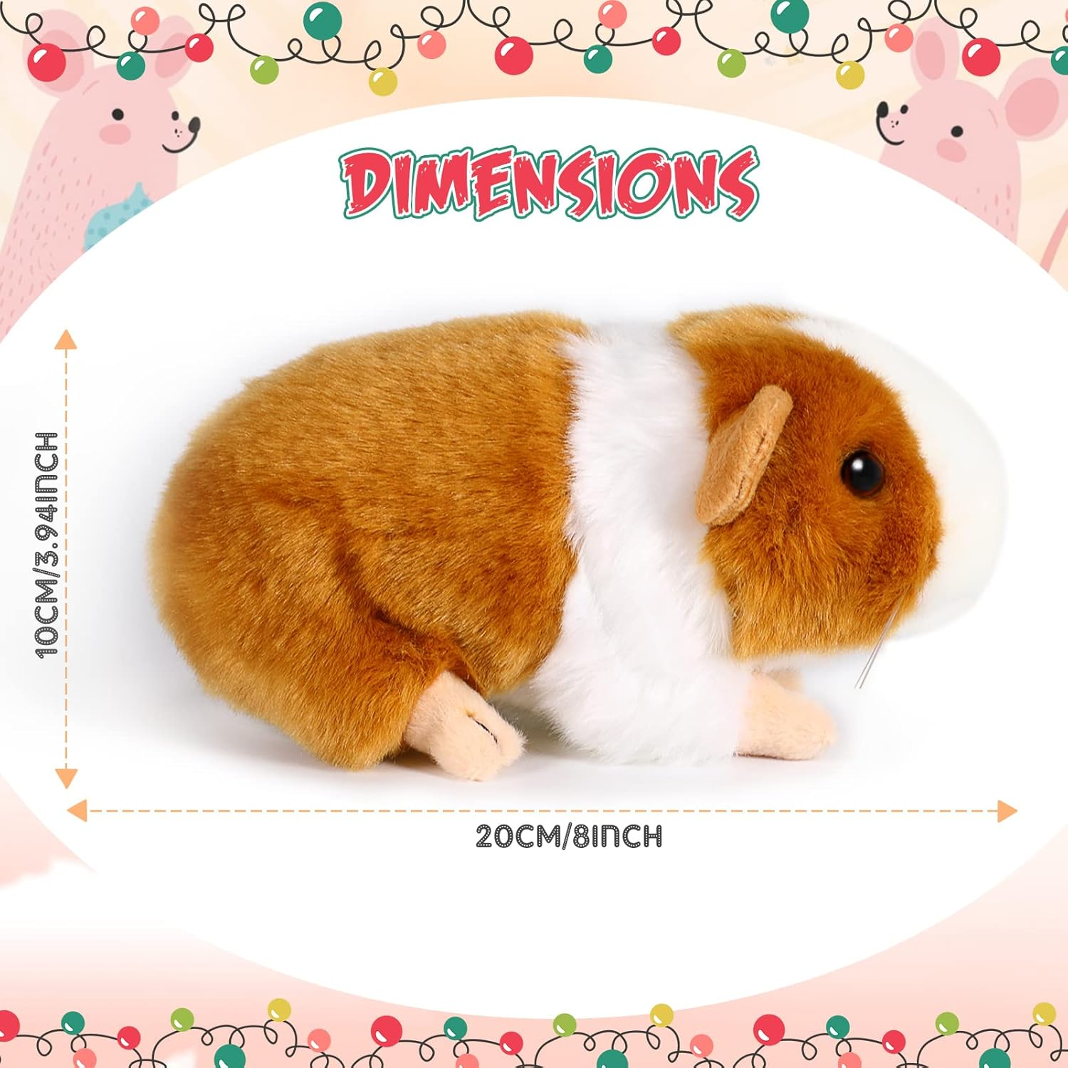 Ein braun-weißer Plüschmeerschweinchen mit Maßangaben von 20 cm und 10 cm.