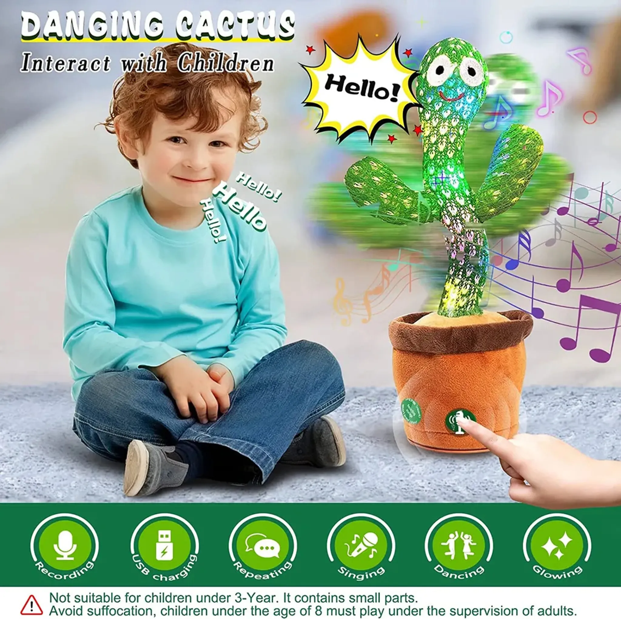 Ein Junge sitzt neben einem leuchtenden, singenden Kaktusspielzeug in einem Topf.