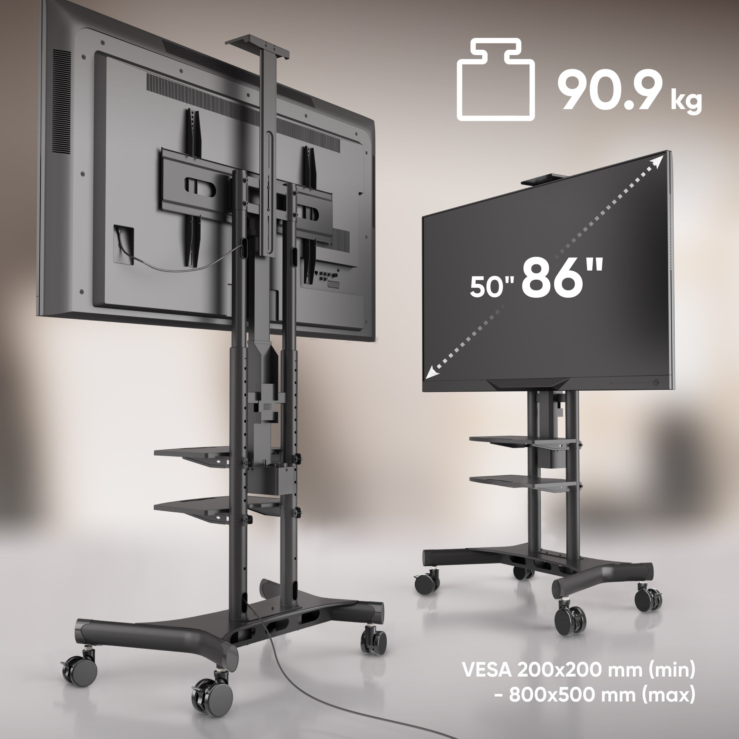 Ein rollbarer TV-Ständer mit einem 86-Zoll-Fernseher und zwei Ablagen.