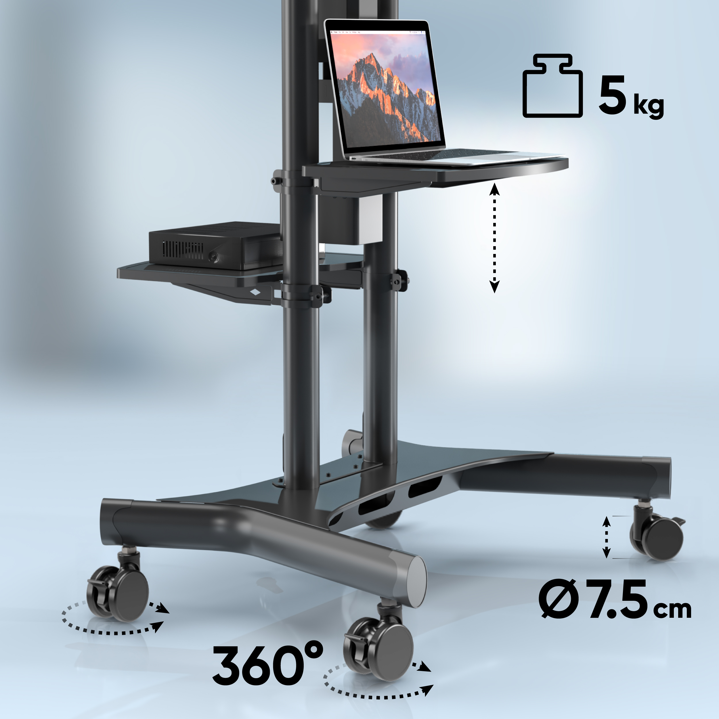 Ein mobiler Ständer mit Laptop und Receiver, 5kg Traglast, 7,5cm Rollen.