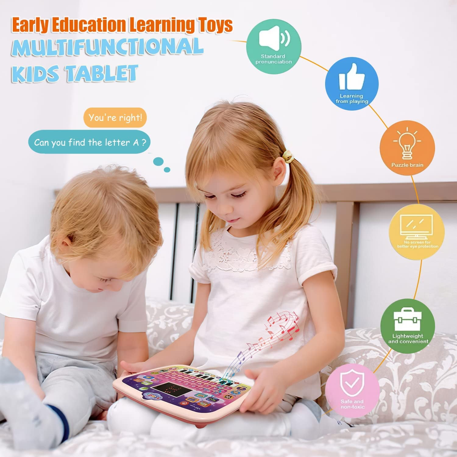 Zwei Kinder spielen mit einem bunten Lern-Tablet, das für Kleinkinder konzipiert ist.