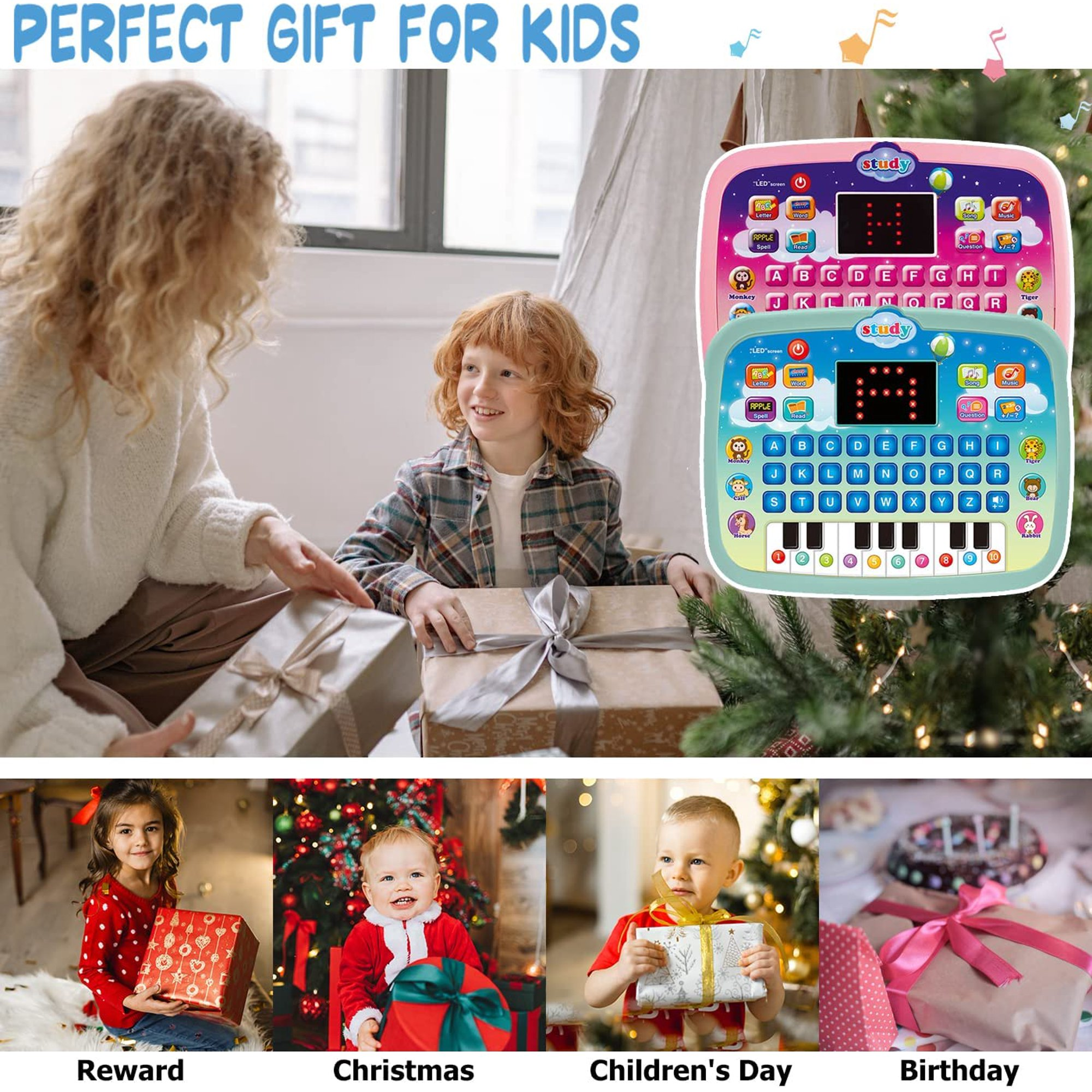 Frau und Junge erhalten Geschenke mit Spielzeug-Tablets und Weihnachtsbäumen.