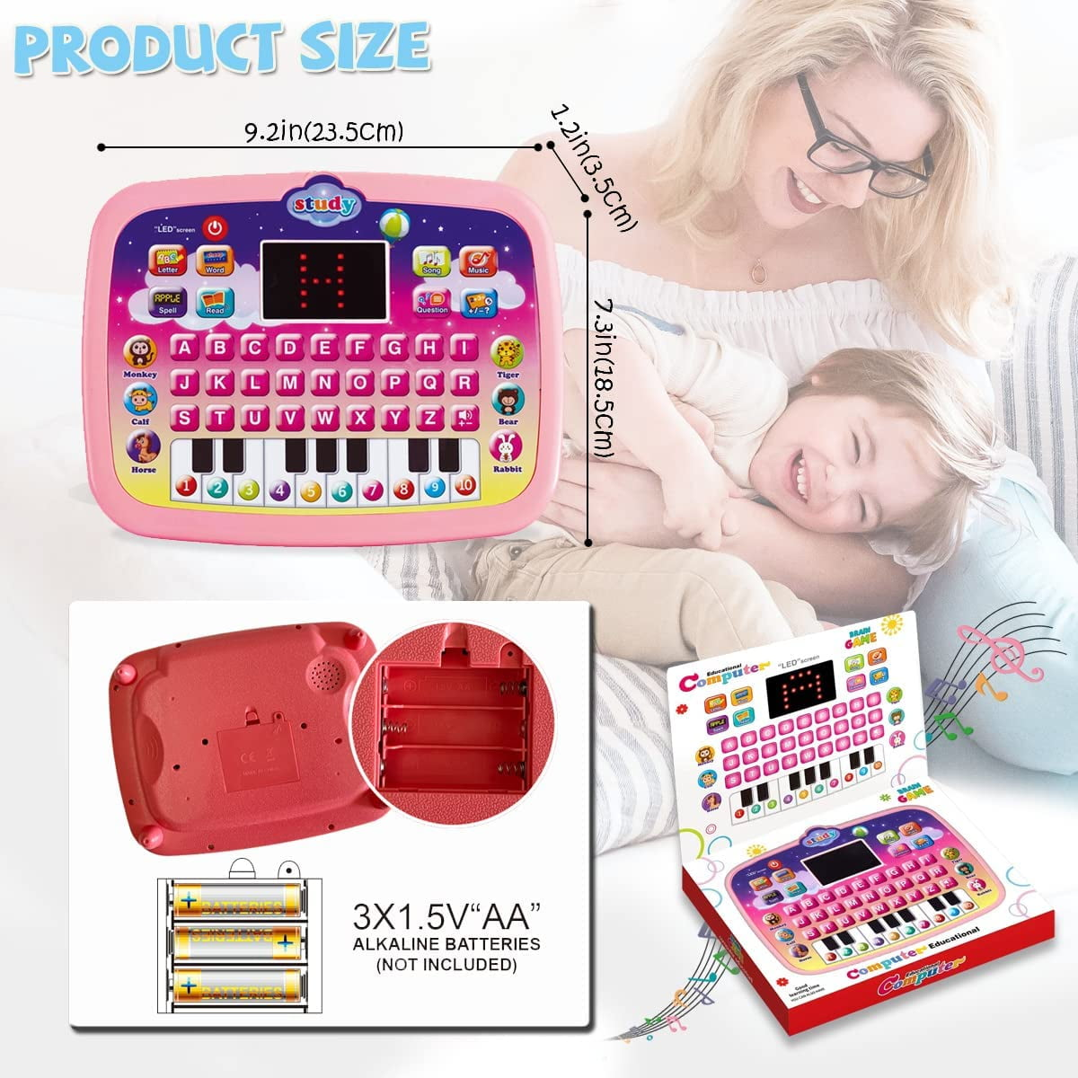 Ein rosafarbenes Lernspielzeug mit Tastatur, Tieren und Zahlen, daneben eine Mutter mit Kind.
