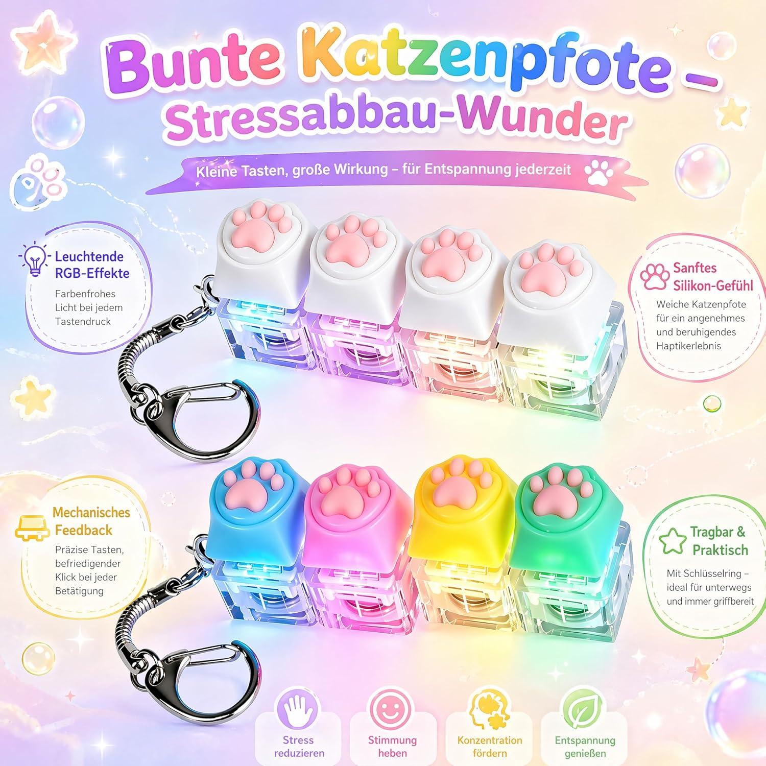 Bunte Katzenpfoten-Stressabbau-Wunder mit RGB-Lichteffekten, mechanischem Feedback und Silikon-Gefühl.