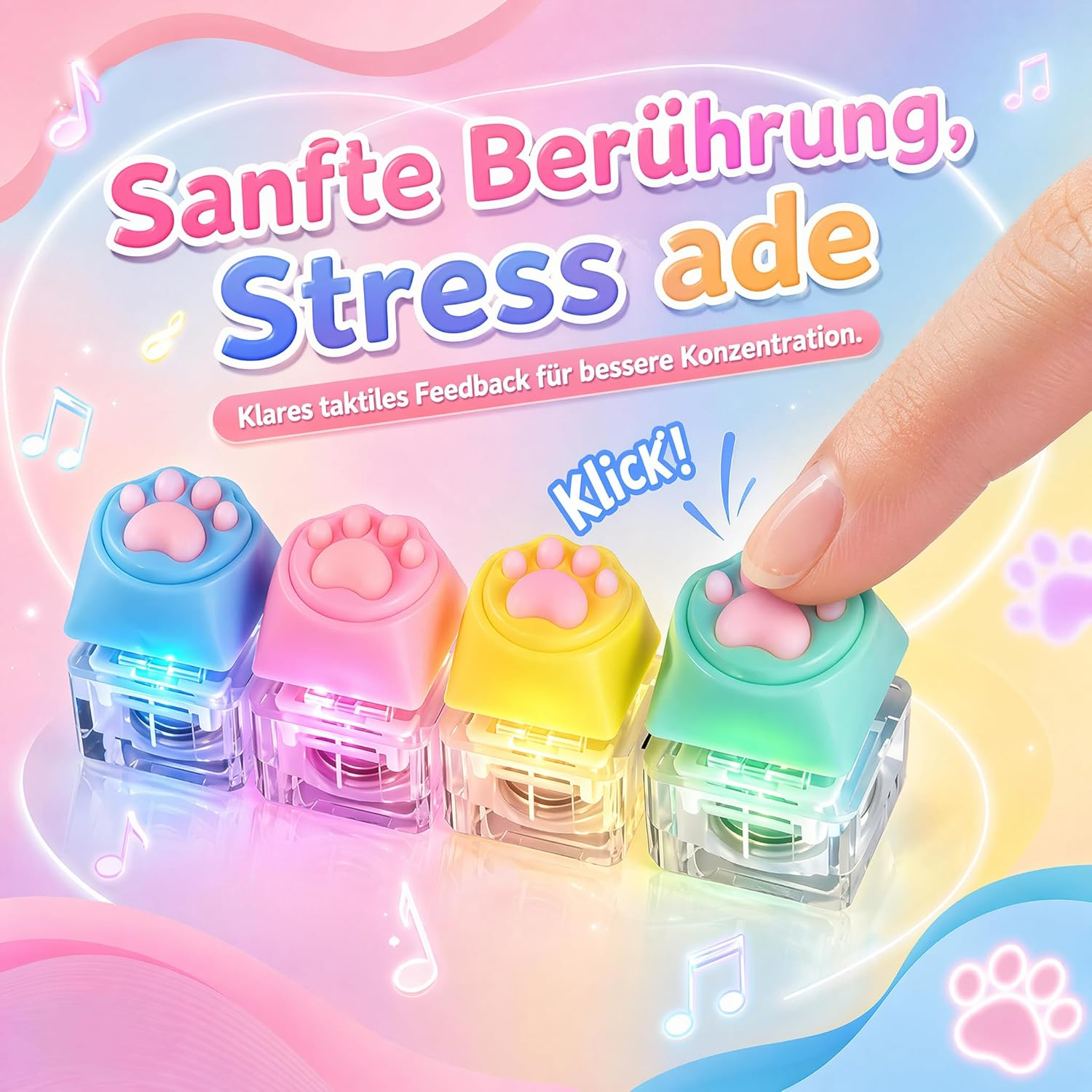 Vier bunte Katzentatzen-Tastenkappen auf transparenten Sockeln mit leuchtenden Lichtern.