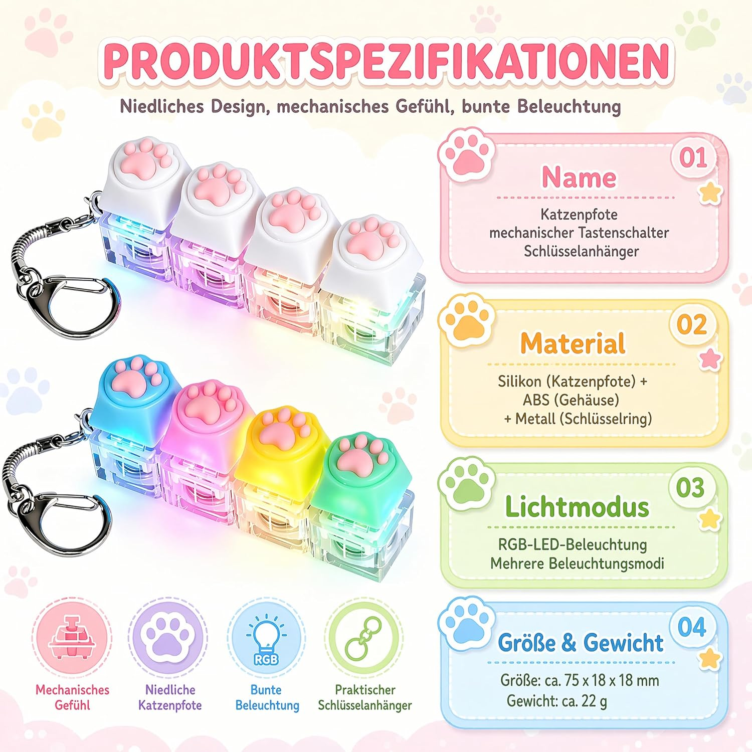 Mehrere bunte Katzenpfoten-Schlüsselanhänger mit Lichtern und Produktinformationen.