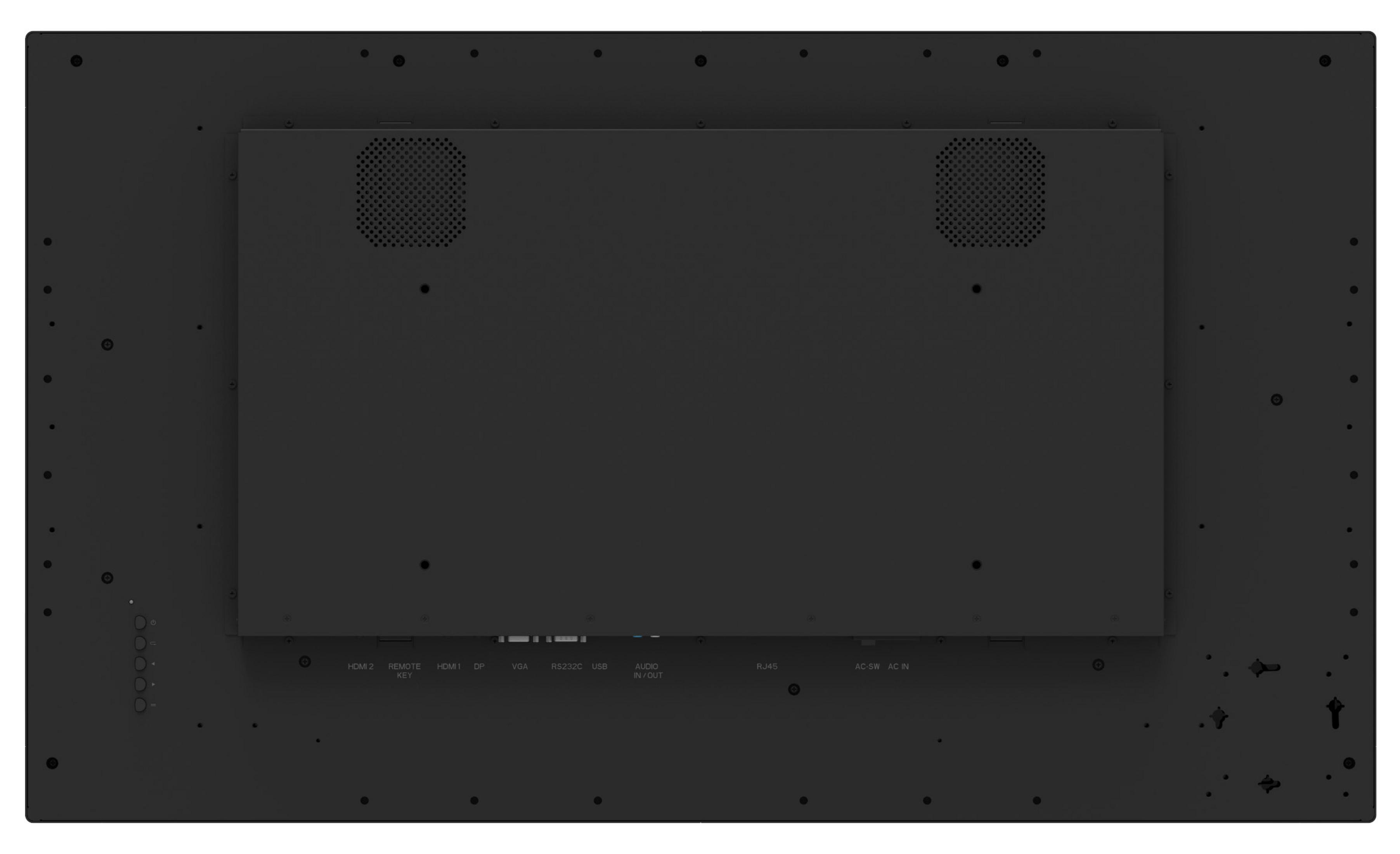 Vista posteriore di un dispositivo nero con porte: HDMI, DP, VGA, USB, RJ45, ingresso.
