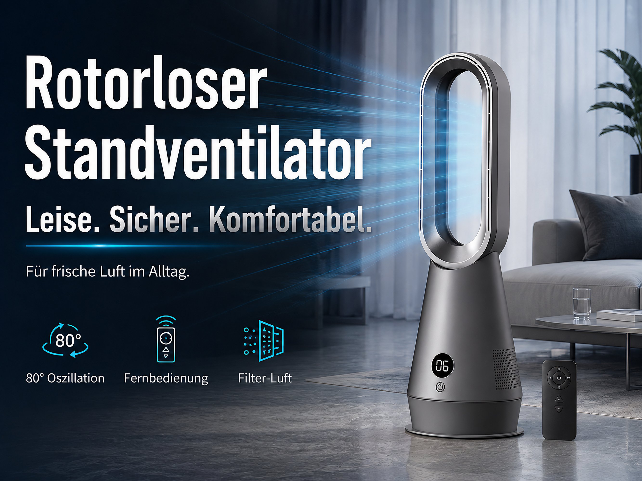 Moderner, turmartiger Ventilator mit Fernbedienung im Wohnzimmer.