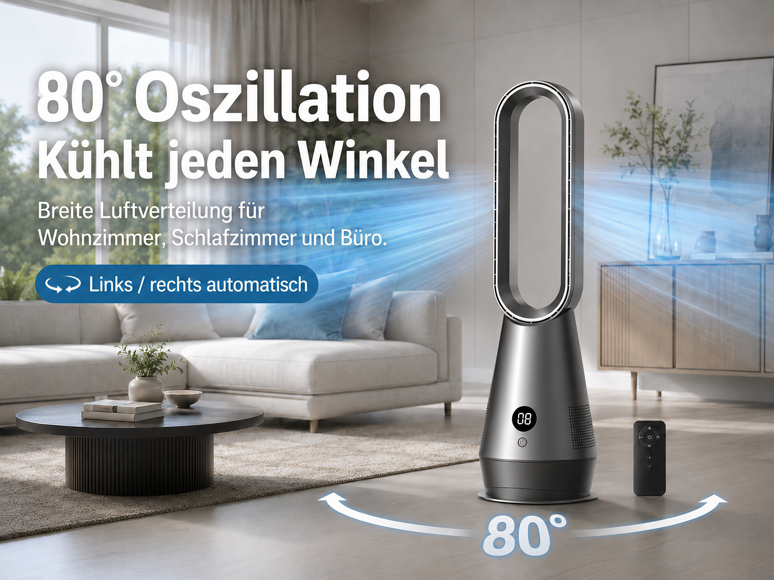 Moderner Turmventilator mit 80° Oszillation in einem stilvollen Wohnzimmer.