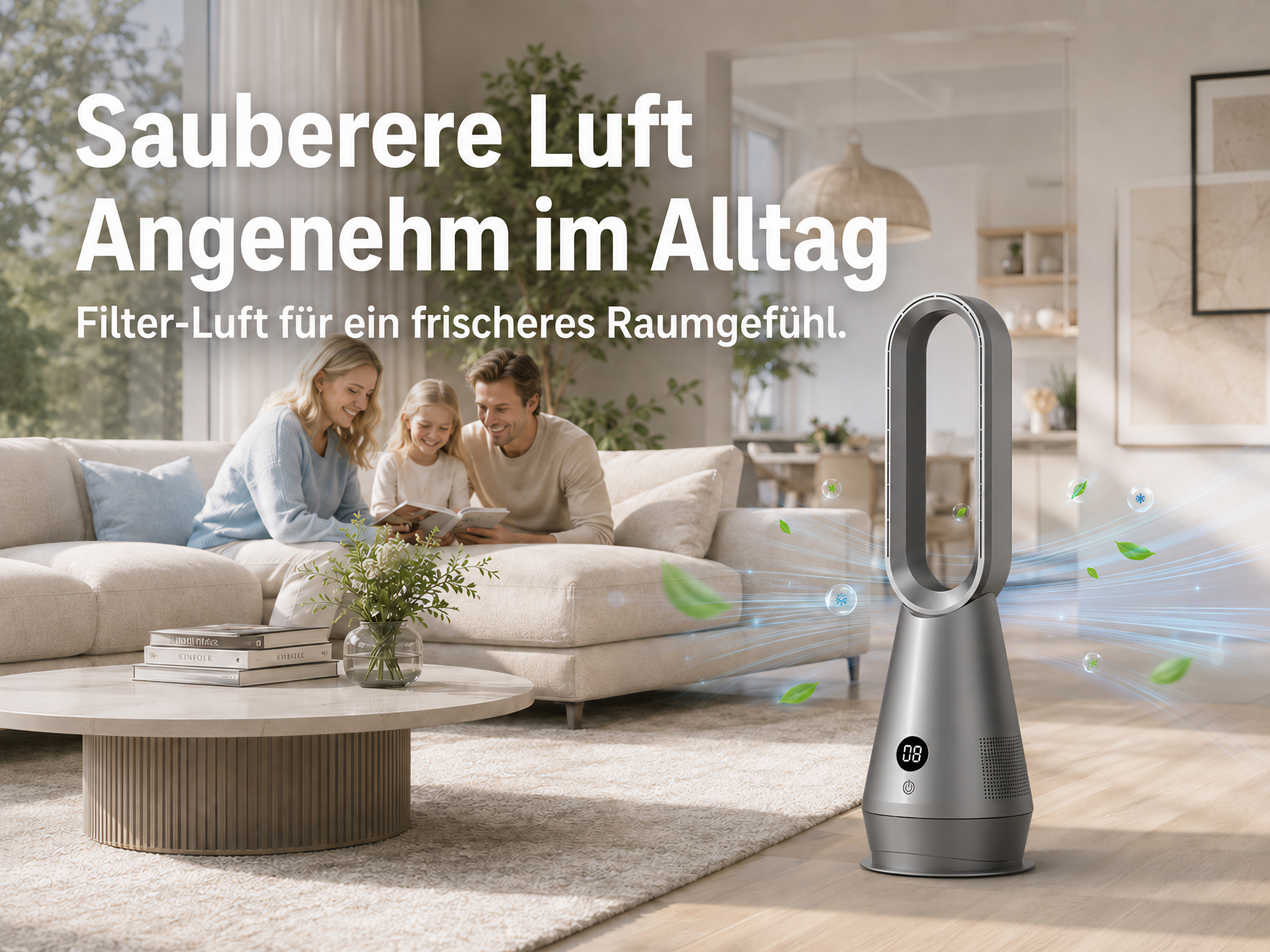 Eine Familie entspannt sich auf einem Sofa, während ein Luftreiniger im Vordergrund steht.