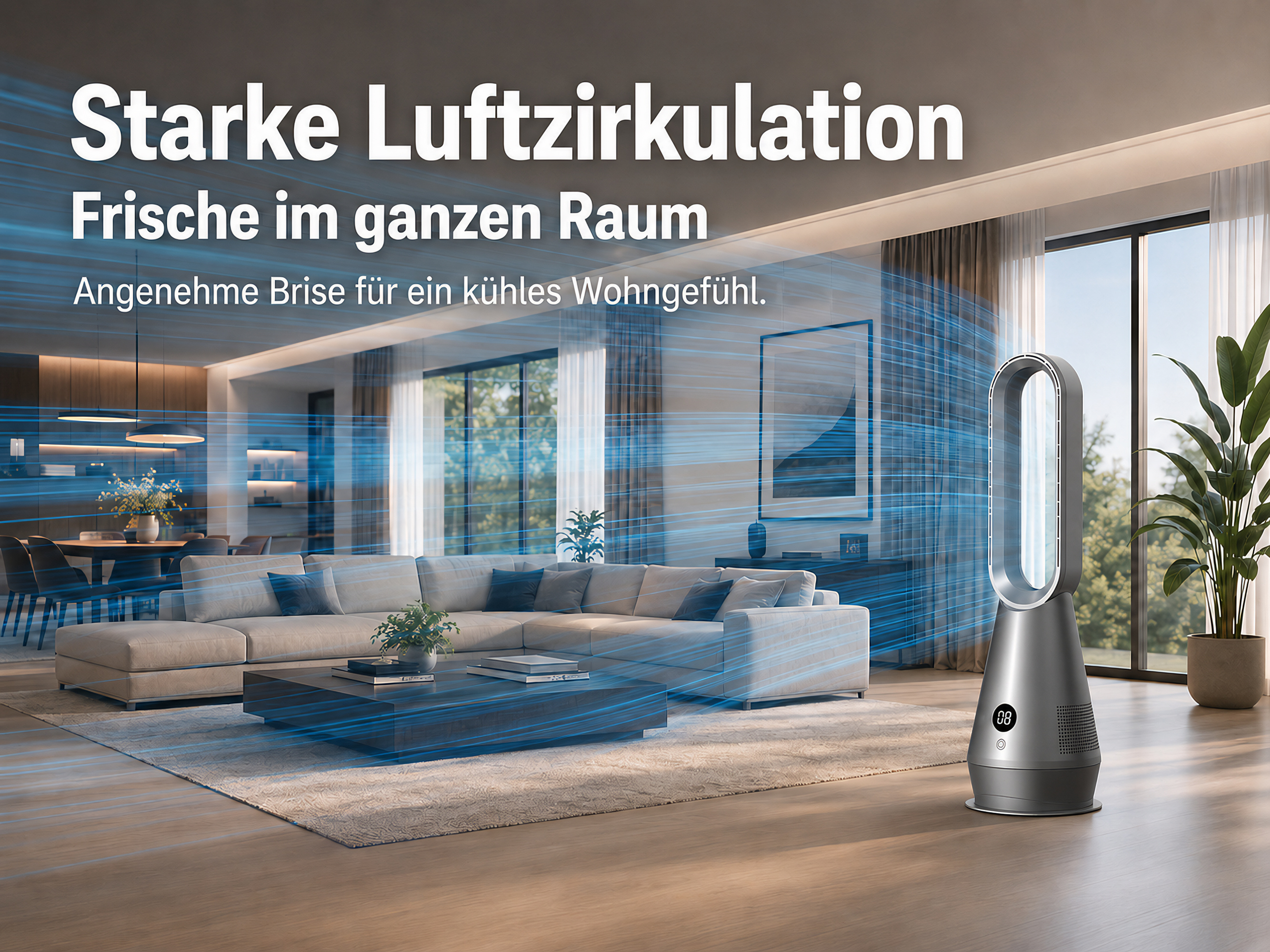 Moderner Turmlüfter zirkuliert Luft in einem stilvollen Wohnzimmer mit Sofa und Couchtisch.