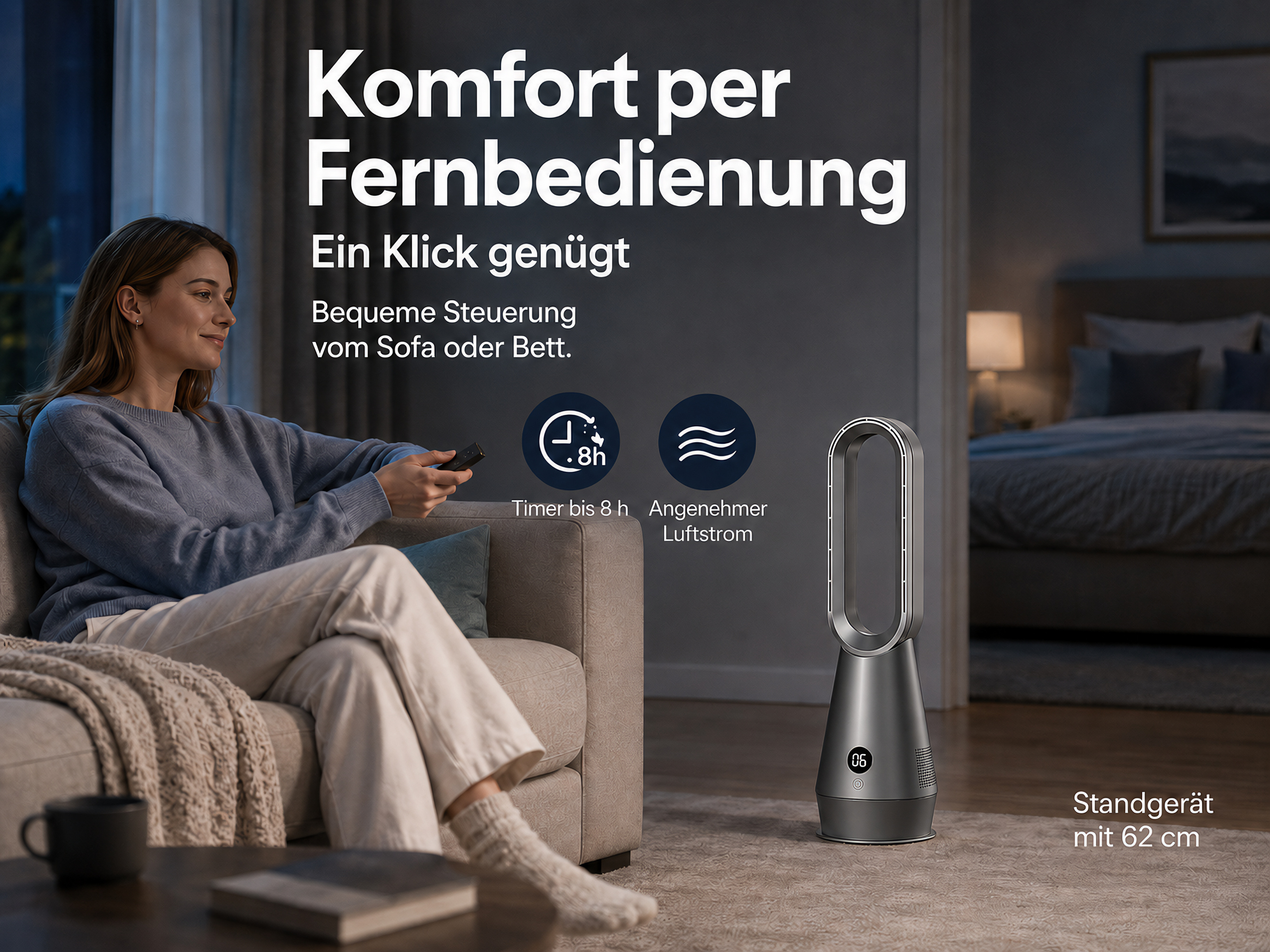 Frau sitzt auf Sofa, bedient einen Ventilator mit Fernbedienung.