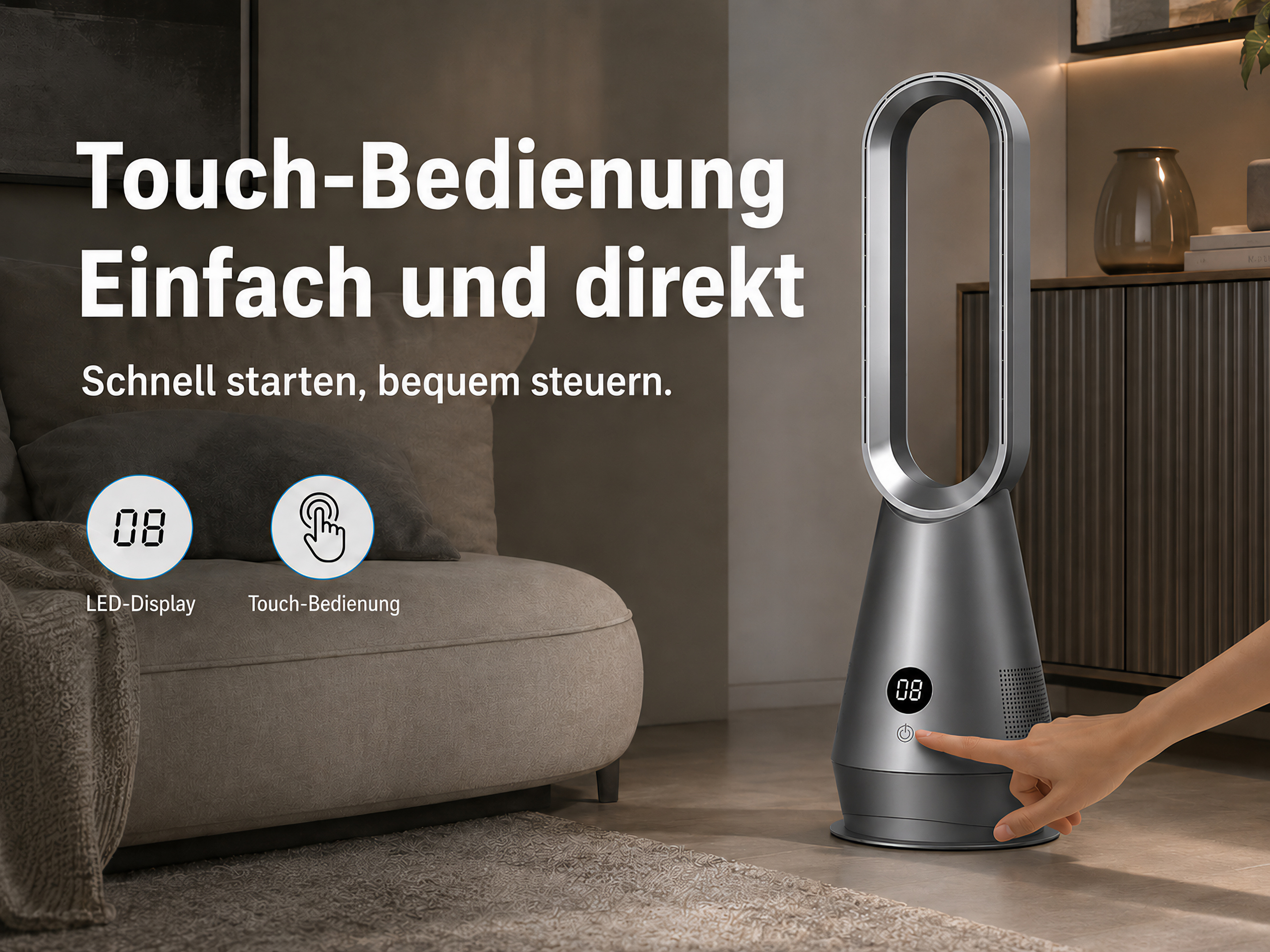 Ein moderner Turmventilator mit Touch-Bedienung und LED-Display.