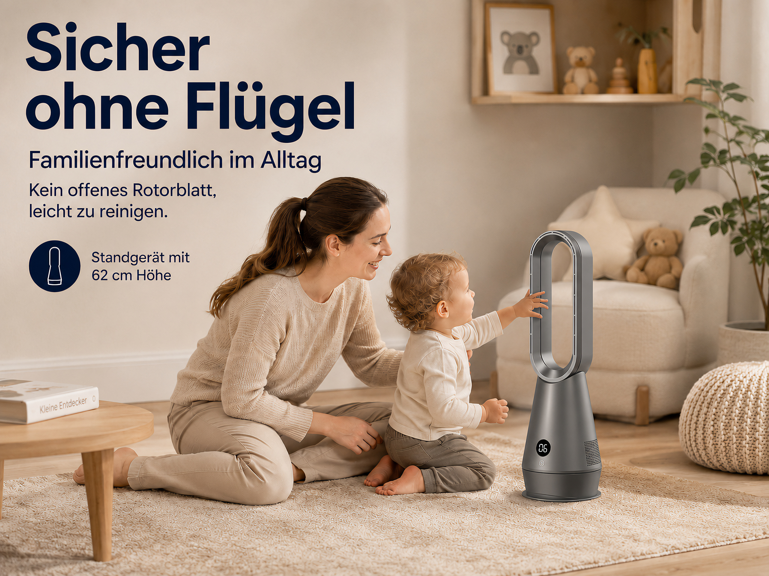Mutter und Kind vor einem Flügel-Ventilator im Wohnzimmer.