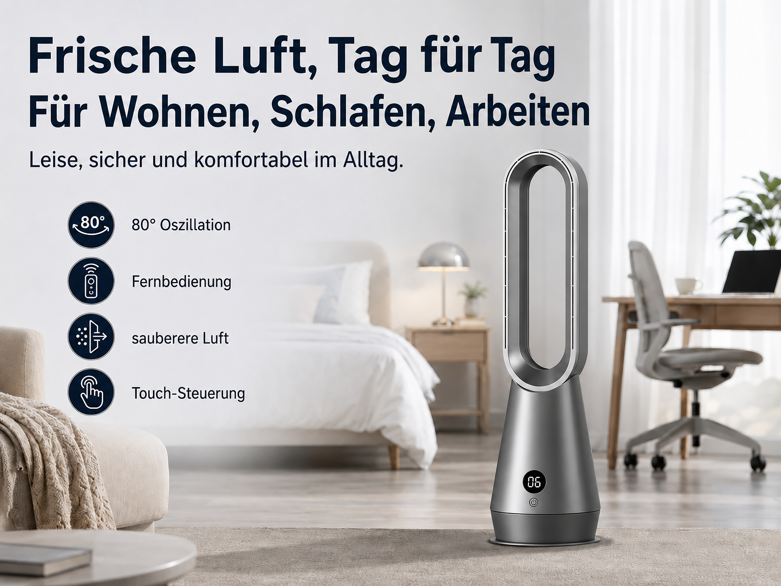 Ein moderner Turmventilator steht neben einem Bett und einem Schreibtisch.