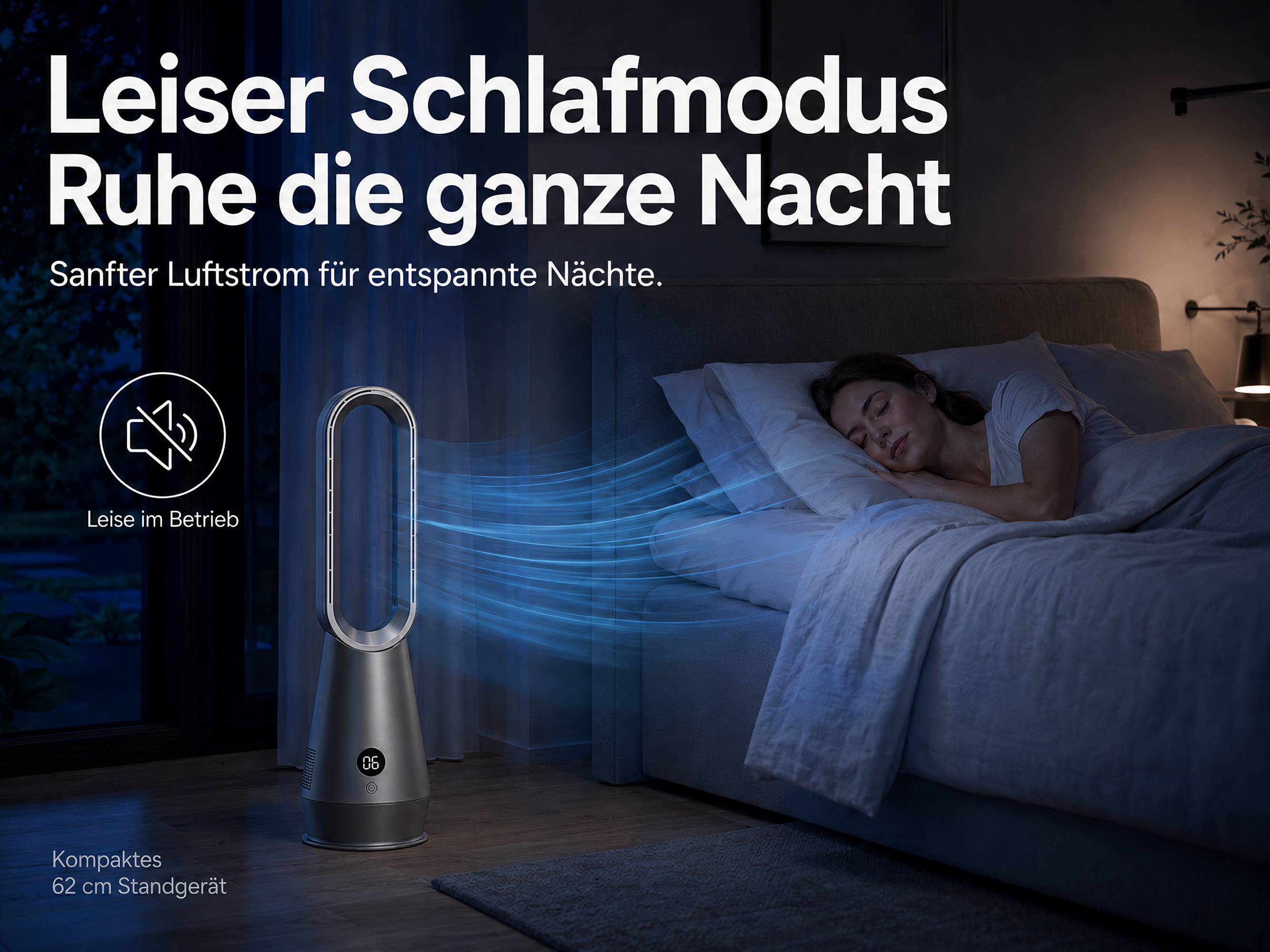 Ein leiser Ventilator bläst Luft auf eine schlafende Frau im Bett.