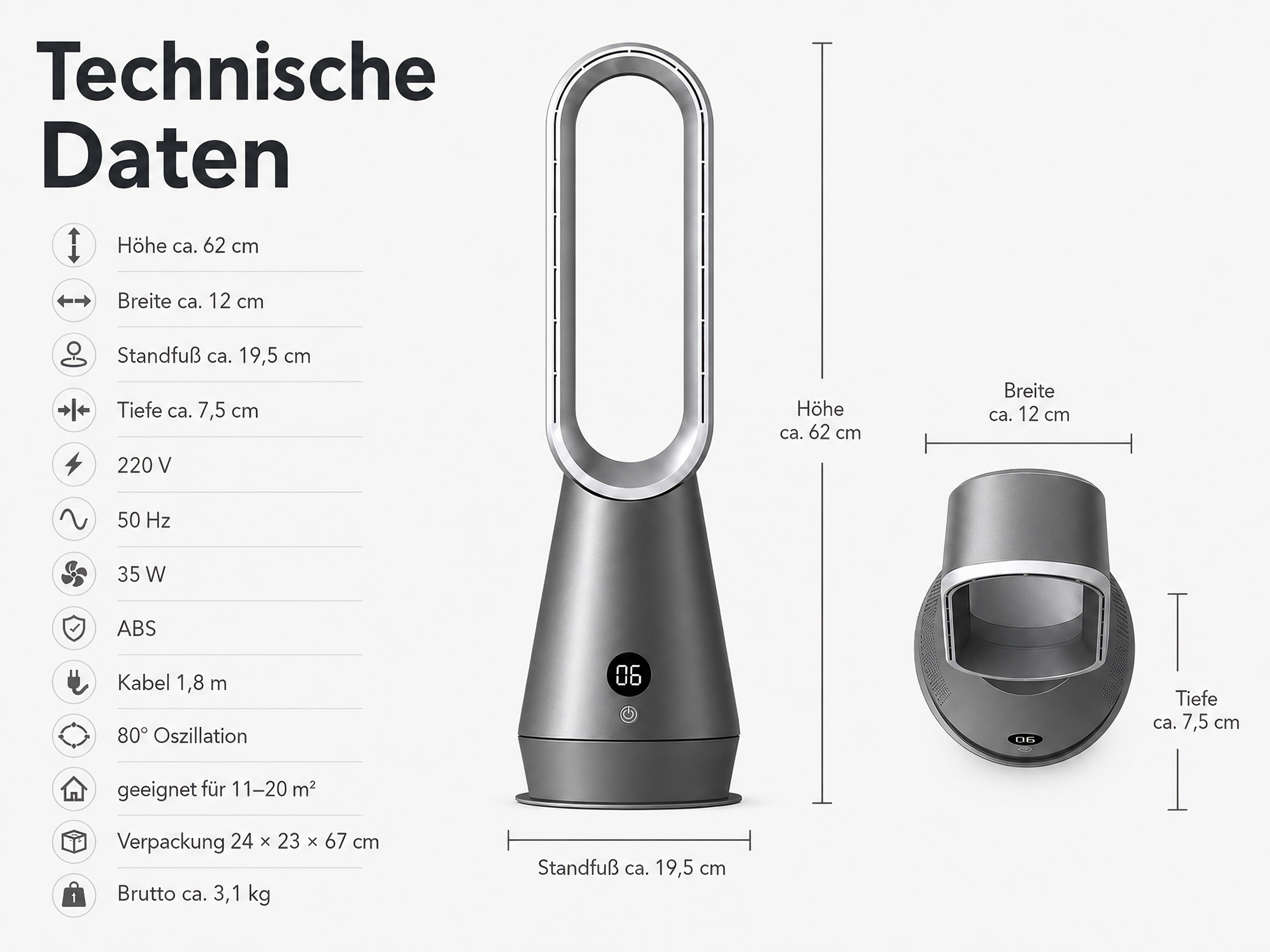 Grauer Standlüfter mit technischen Daten und Maßen.