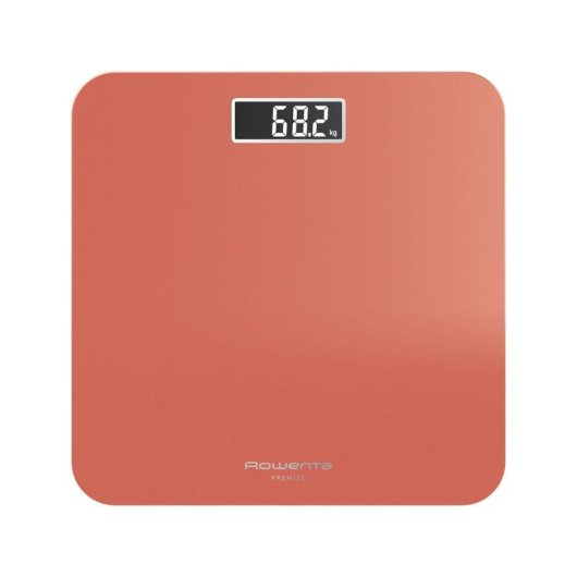 Eine digitale Personenwaage in Koralle mit beleuchtetem Display, das 68,2 kg anzeigt.
