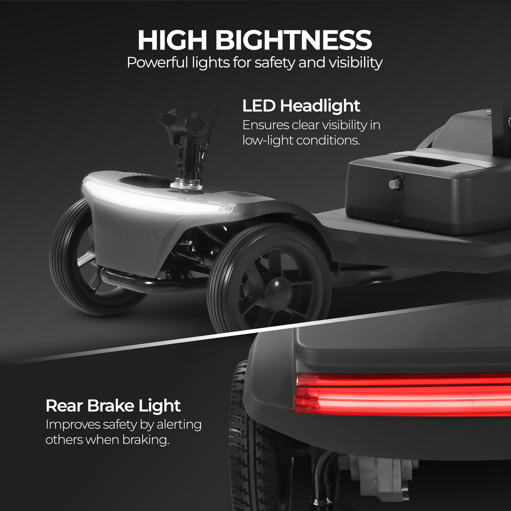 Un scooter de movilidad con faro LED brillante y luz de freno roja.