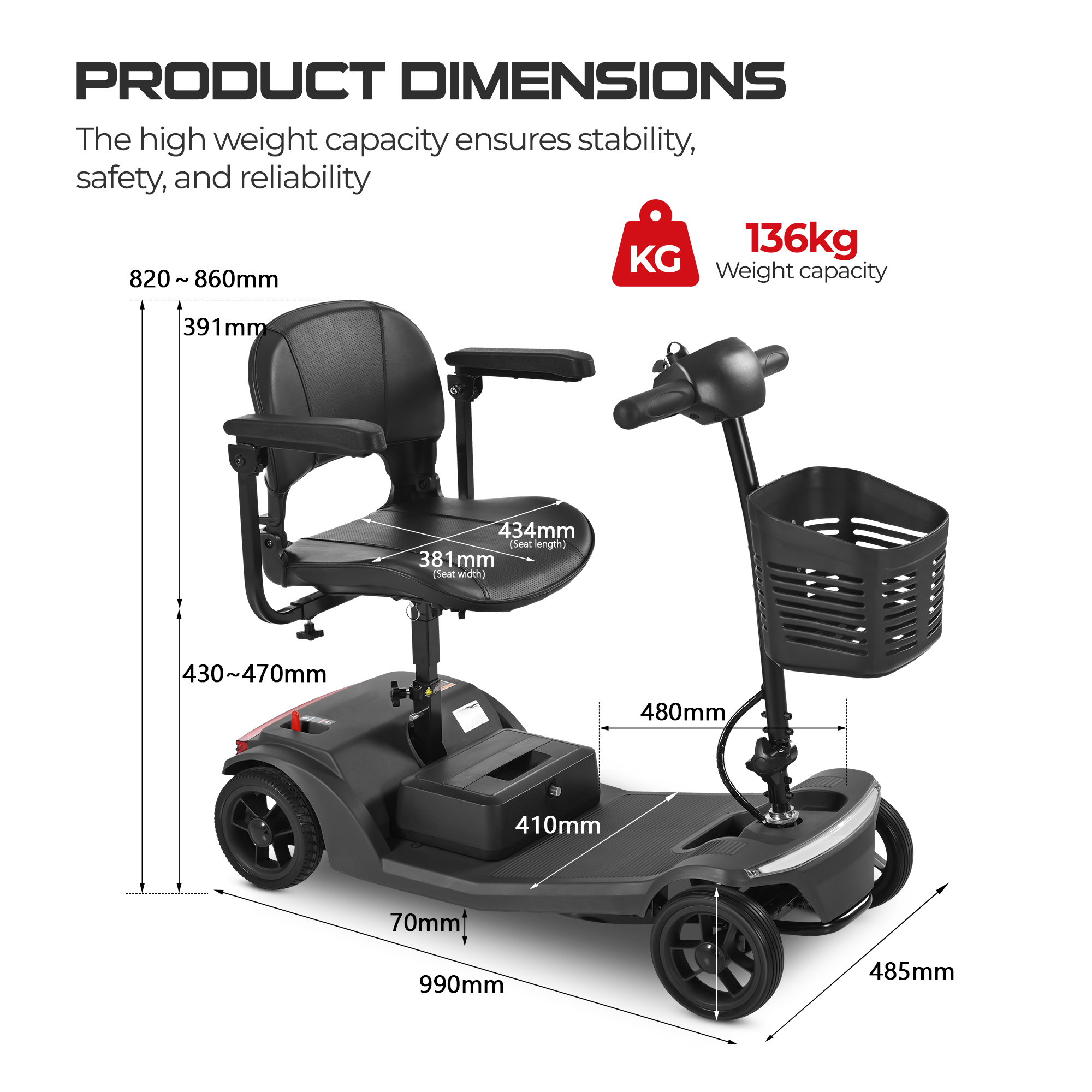 Un scooter de movilidad negro con dimensiones y capacidad de 136 kg.