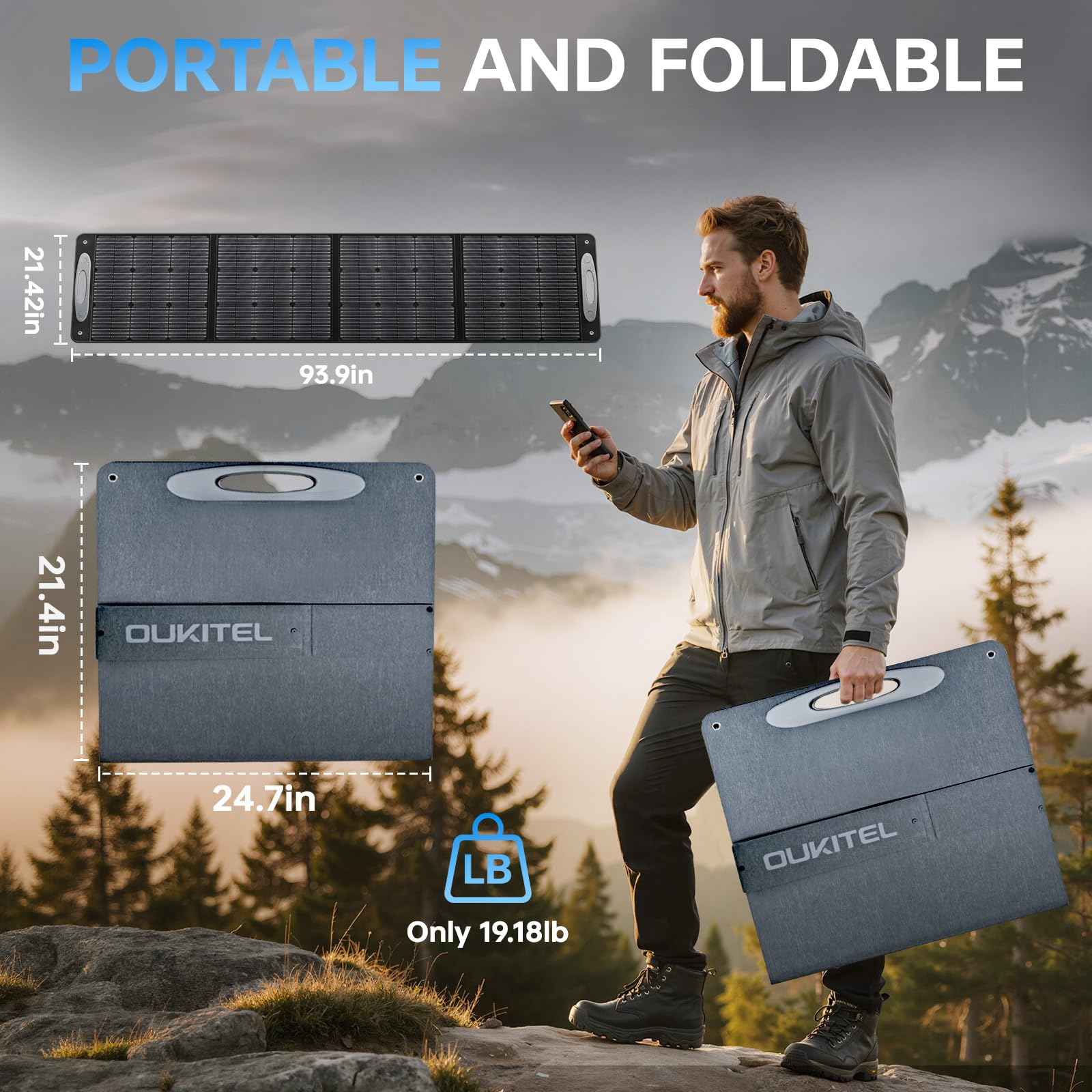 Hombre lleva panel solar plegable en paisaje montañoso. Se muestran dimensiones.