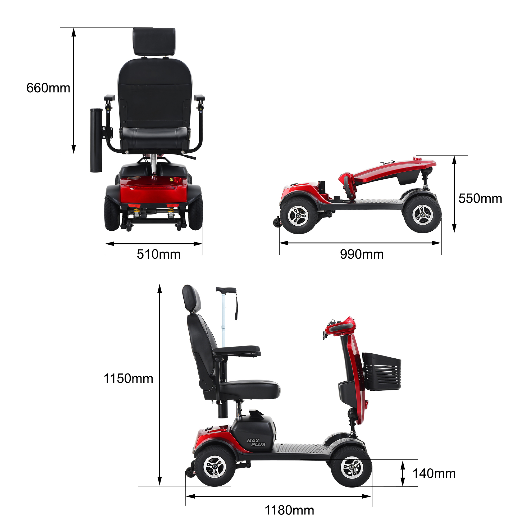 Vista frontal, lateral y desmontada de scooter de movilidad rojo con medidas.