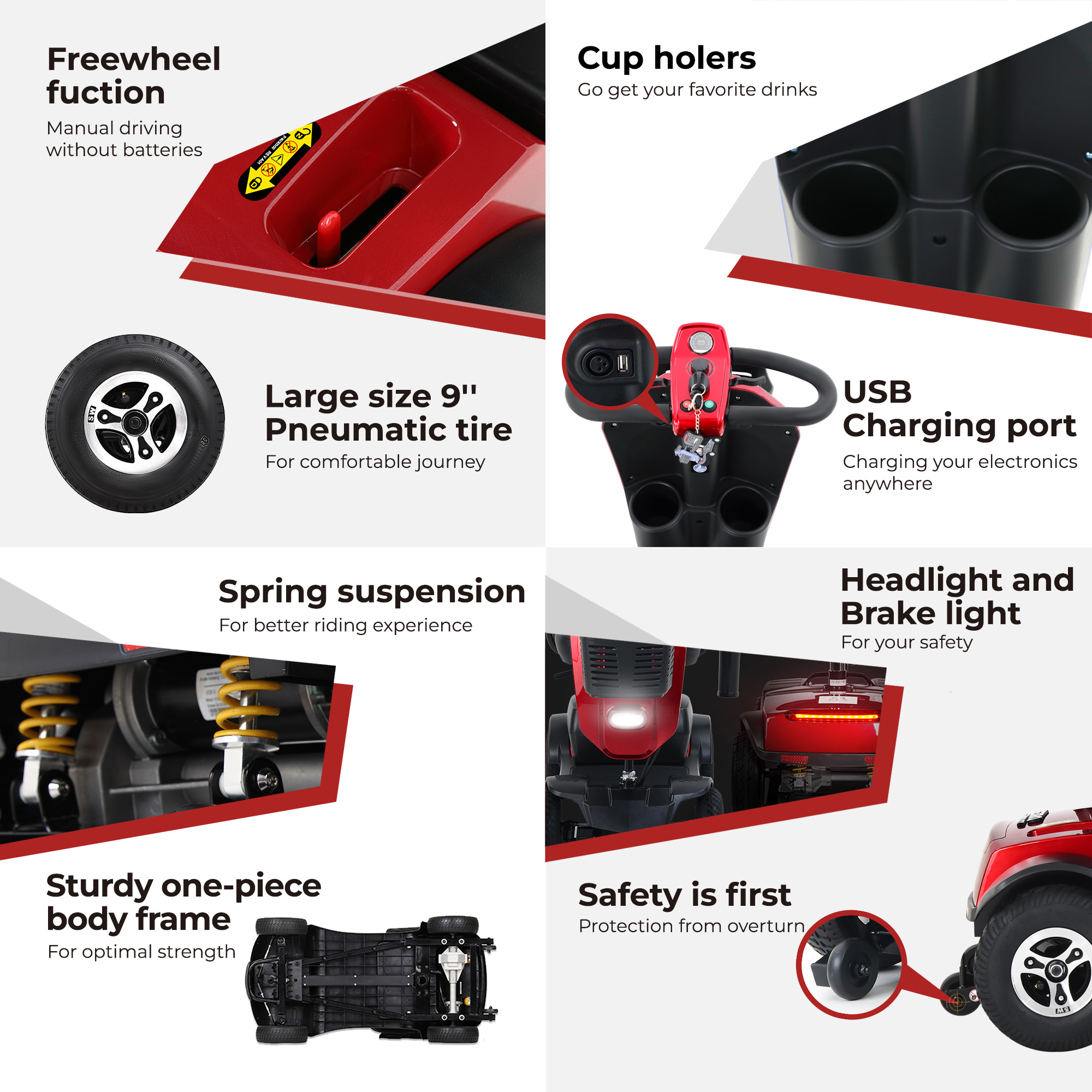 Detalles de un scooter rojo: rueda libre, portavasos, puerto USB, suspensión, chasis, faro, freno.