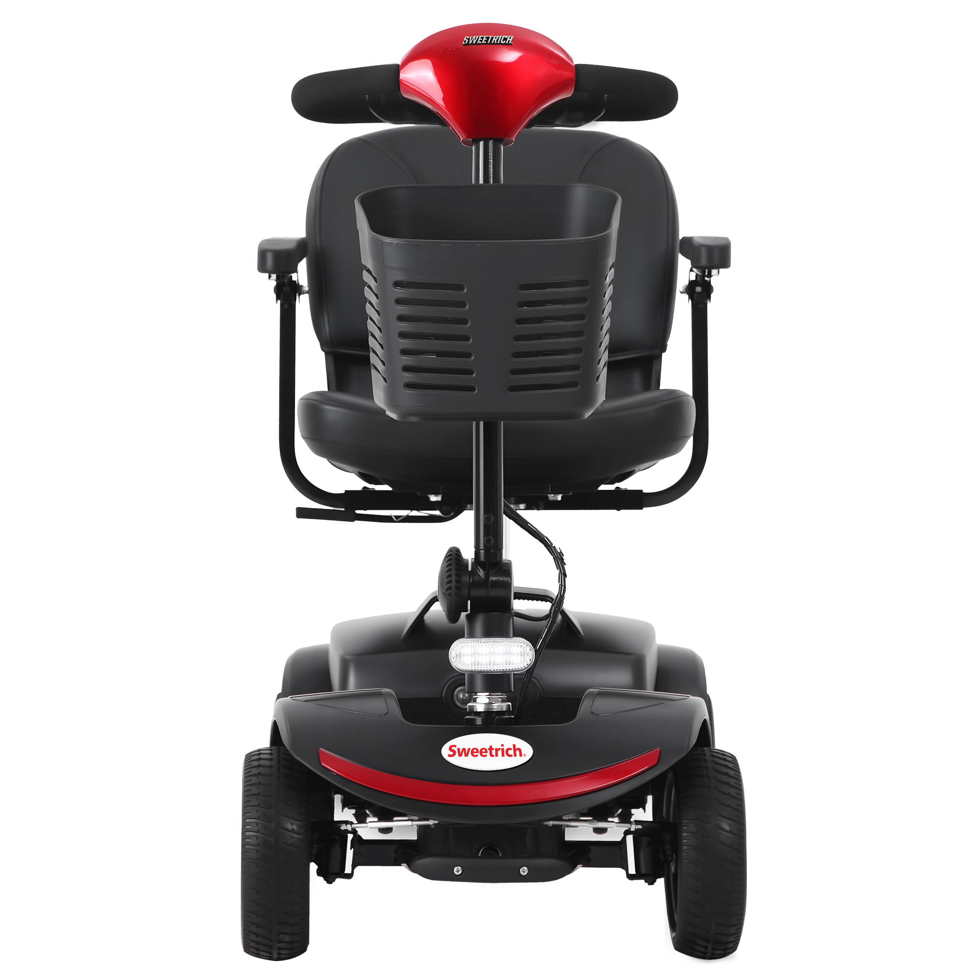 Un scooter de movilidad negro con detalles rojos y una cesta.