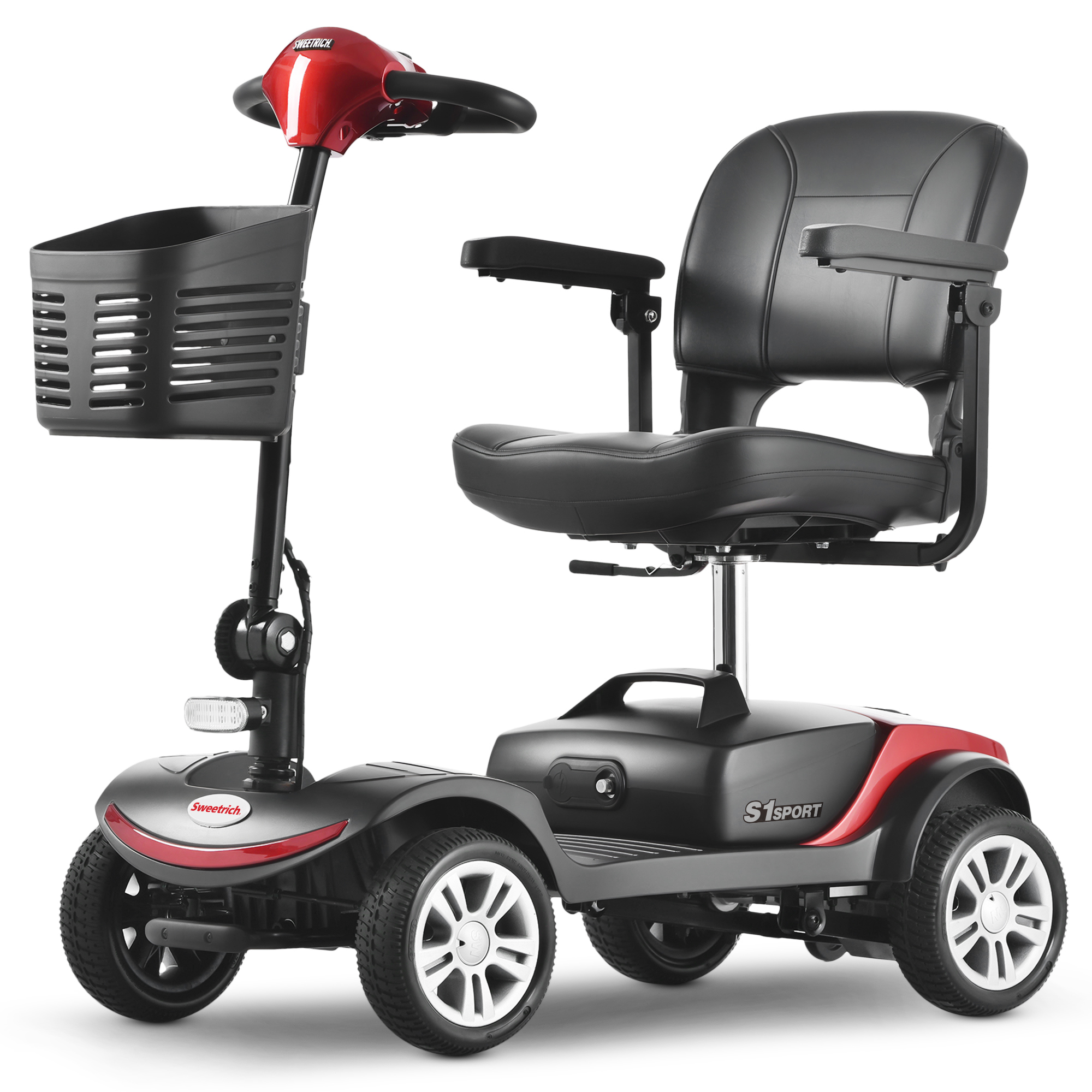 Un scooter de movilidad rojo y negro con cesta delantera y asiento.