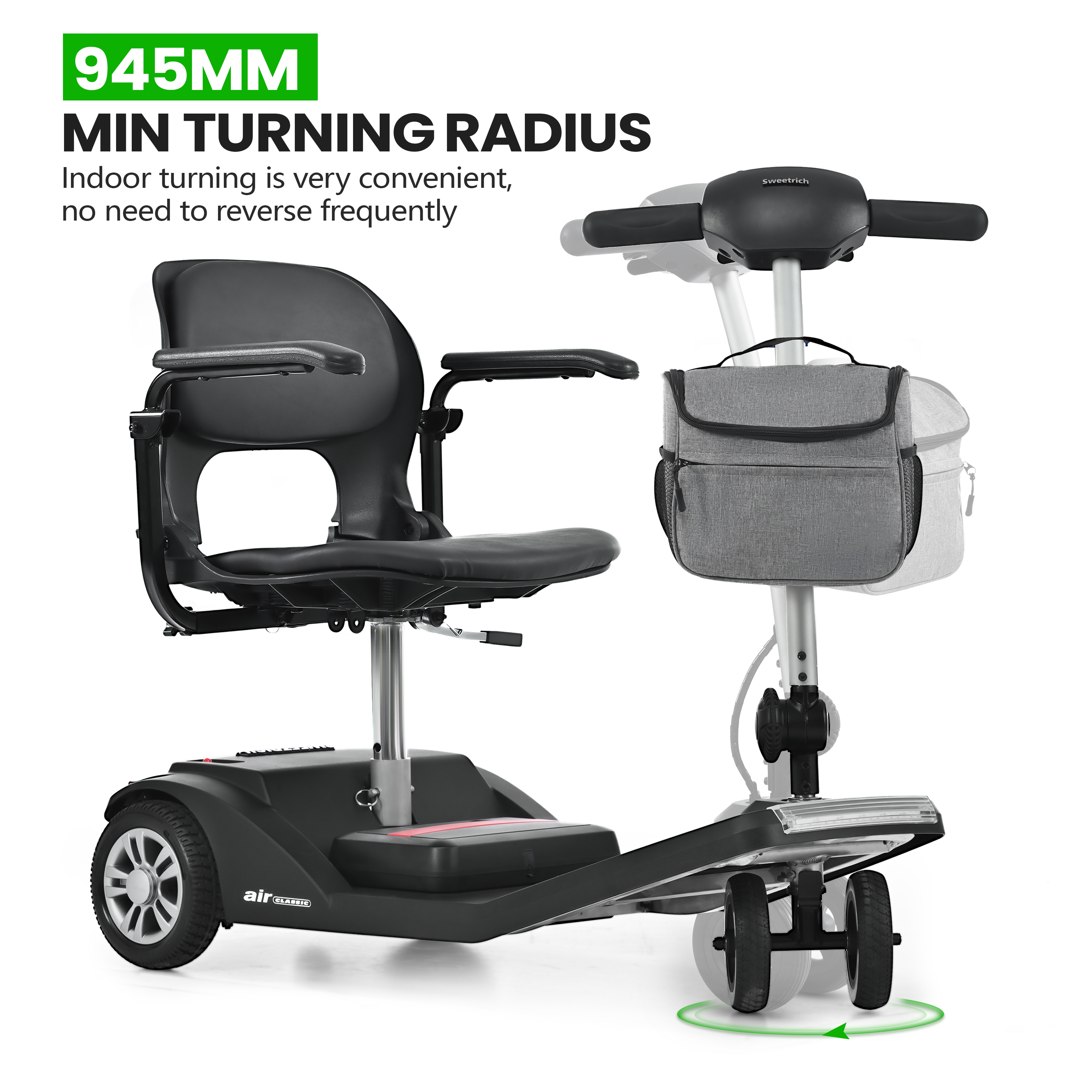 Un scooter de movilidad negro con un radio de giro pequeño y una bolsa gris.